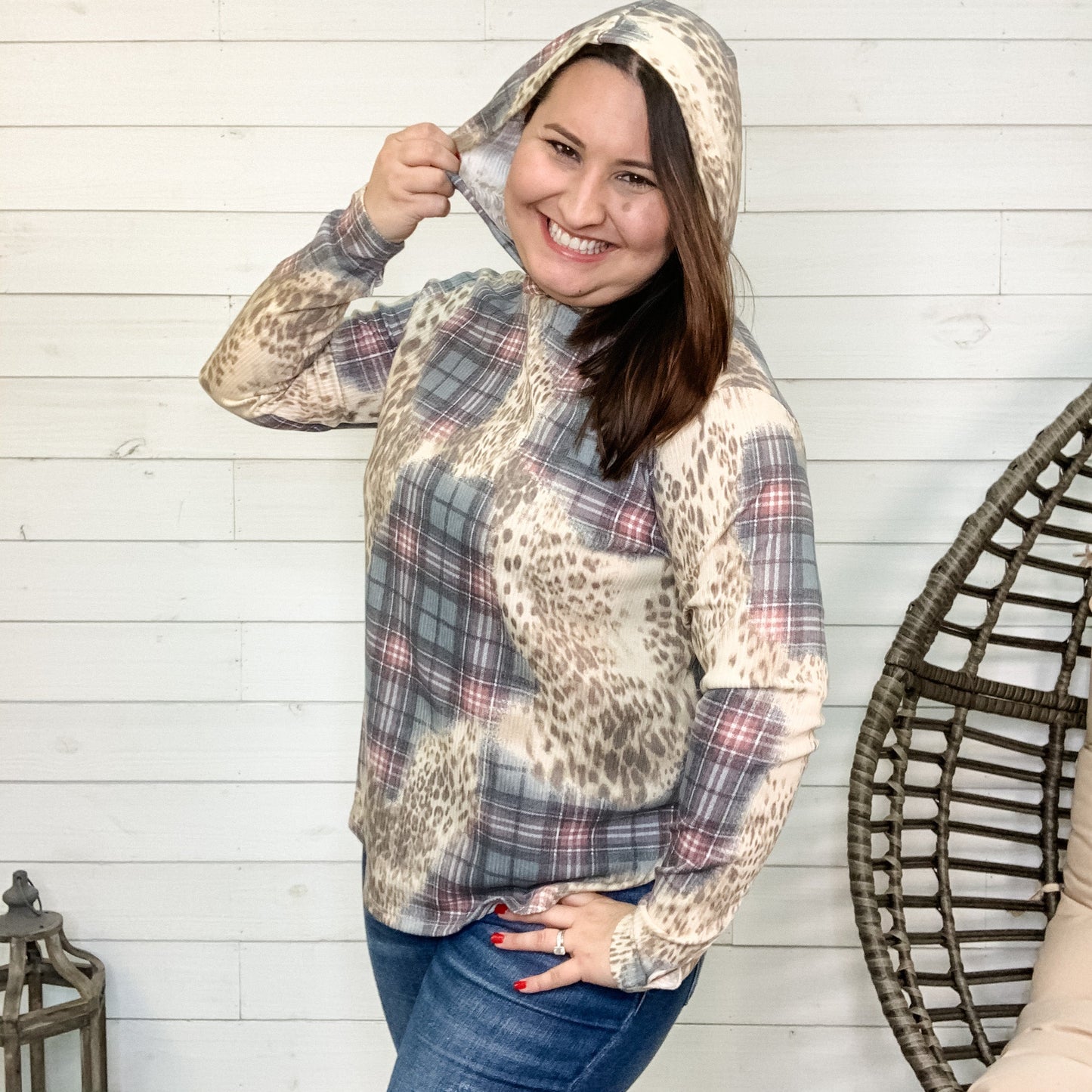 Plaid & Animal Print Ribbed Long Sleeve Hoodie
