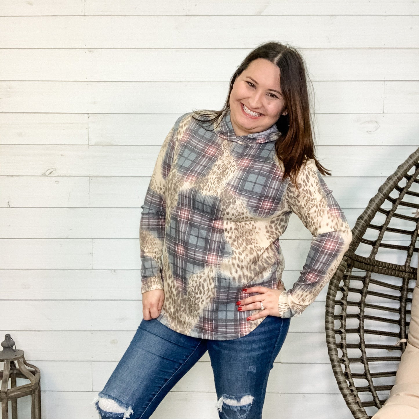 Plaid & Animal Print Ribbed Long Sleeve Hoodie
