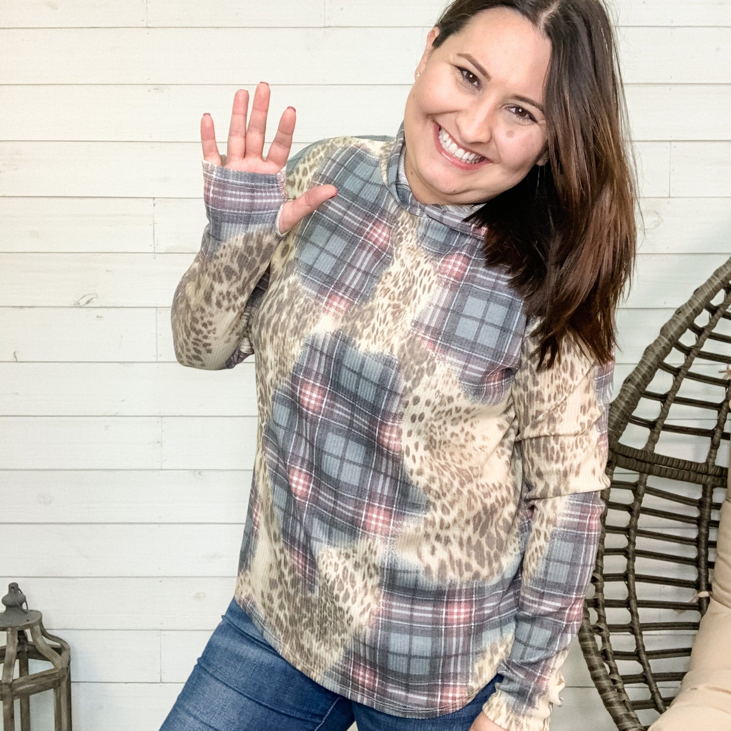 Plaid & Animal Print Ribbed Long Sleeve Hoodie