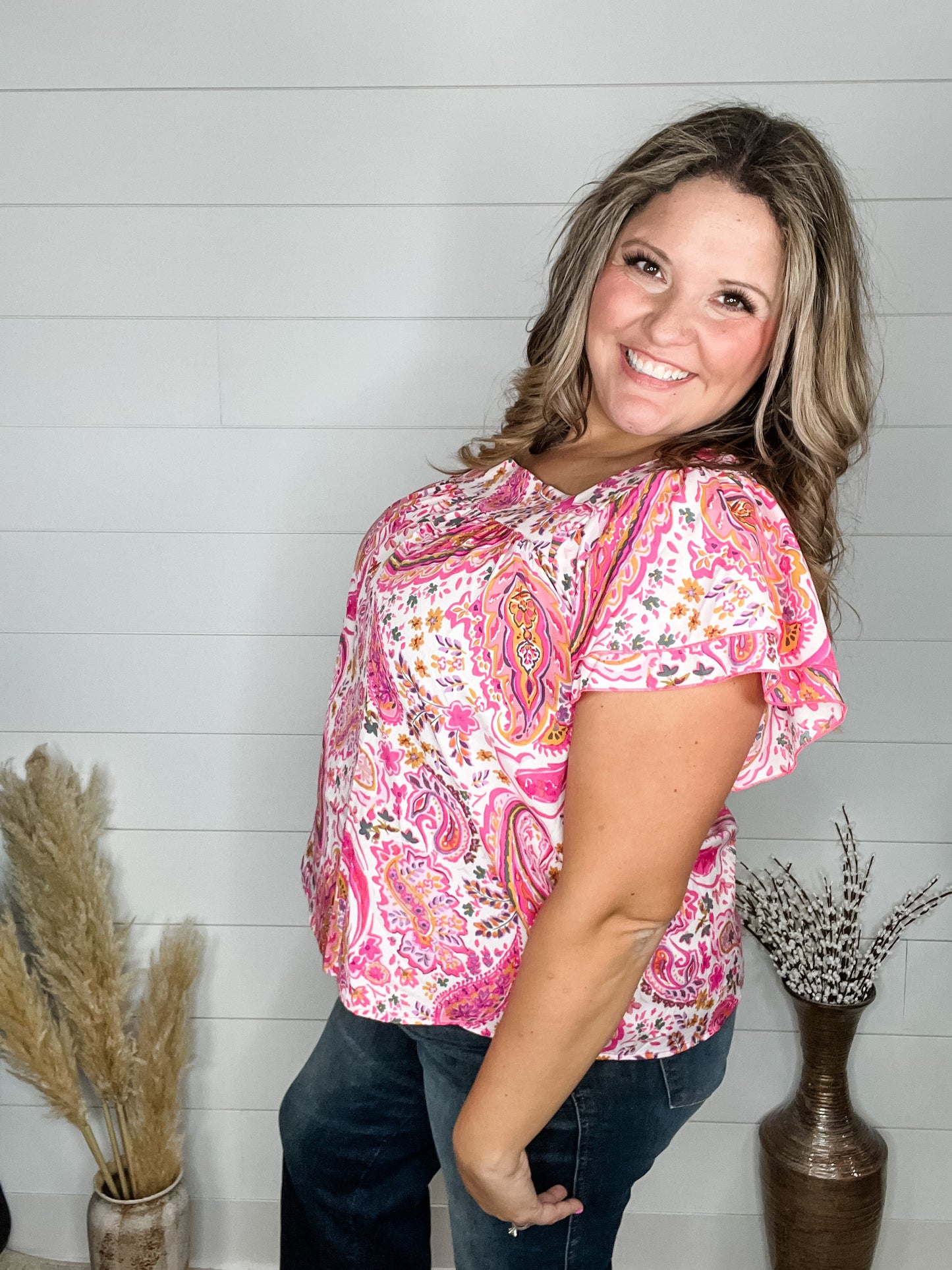 "Platitude" Square Neck Ruffle Short Sleeve