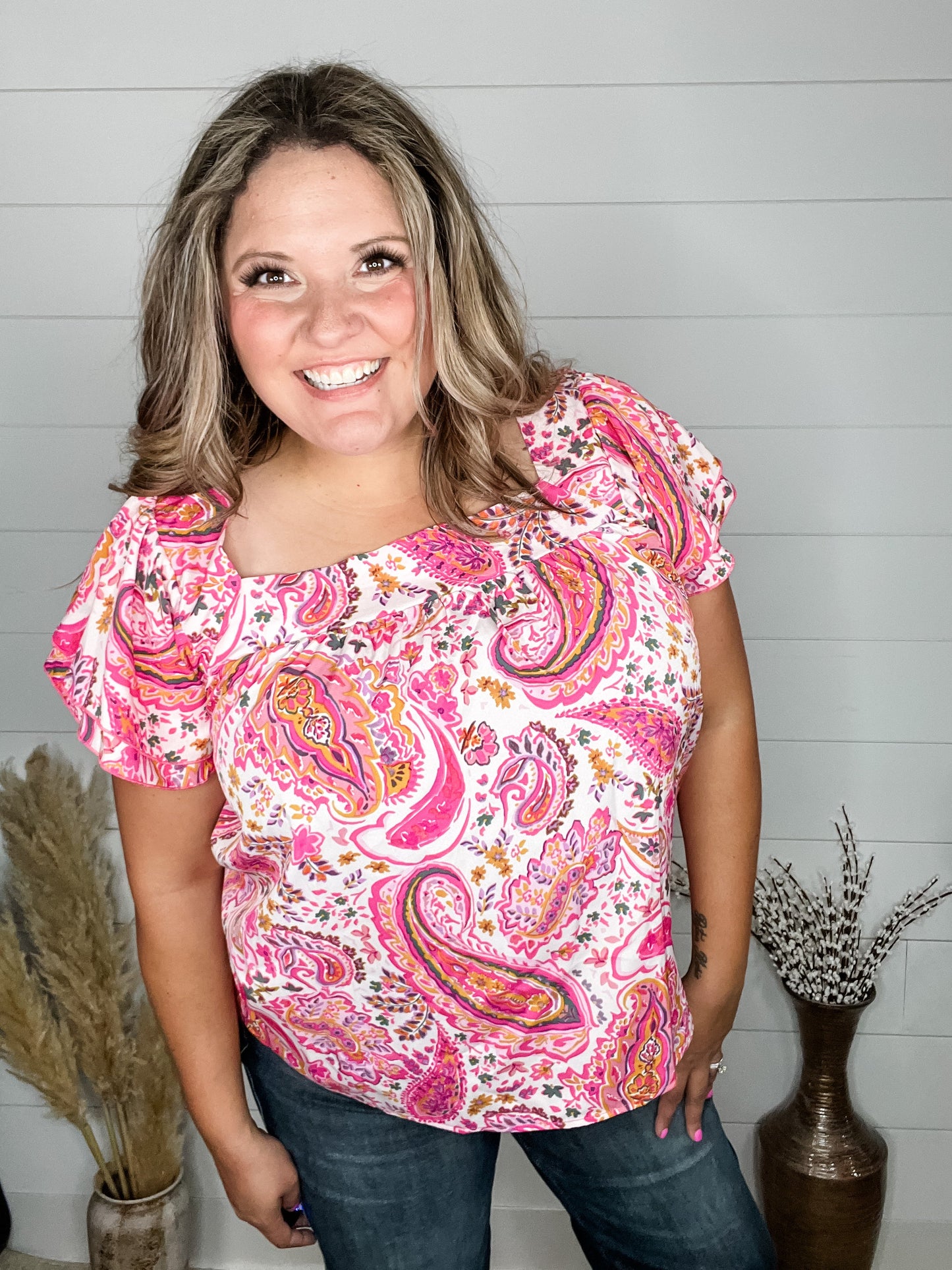 "Platitude" Square Neck Ruffle Short Sleeve