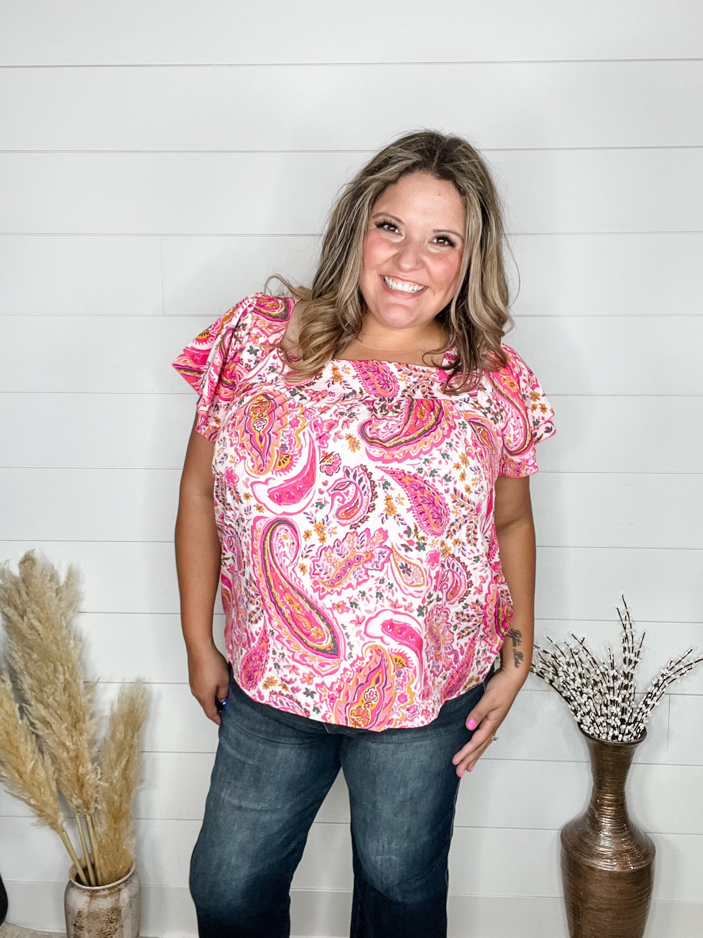 "Platitude" Square Neck Ruffle Short Sleeve