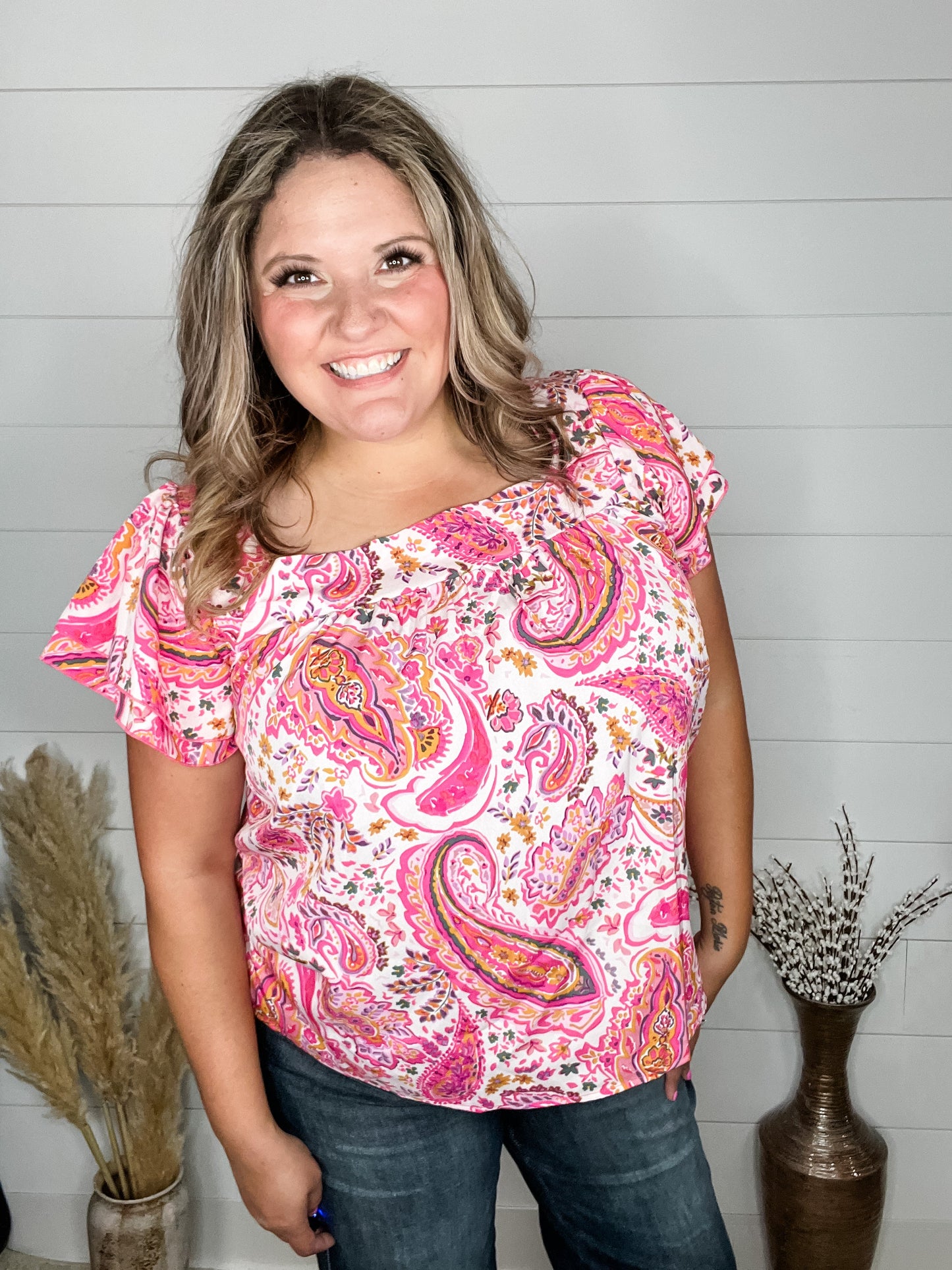 "Platitude" Square Neck Ruffle Short Sleeve