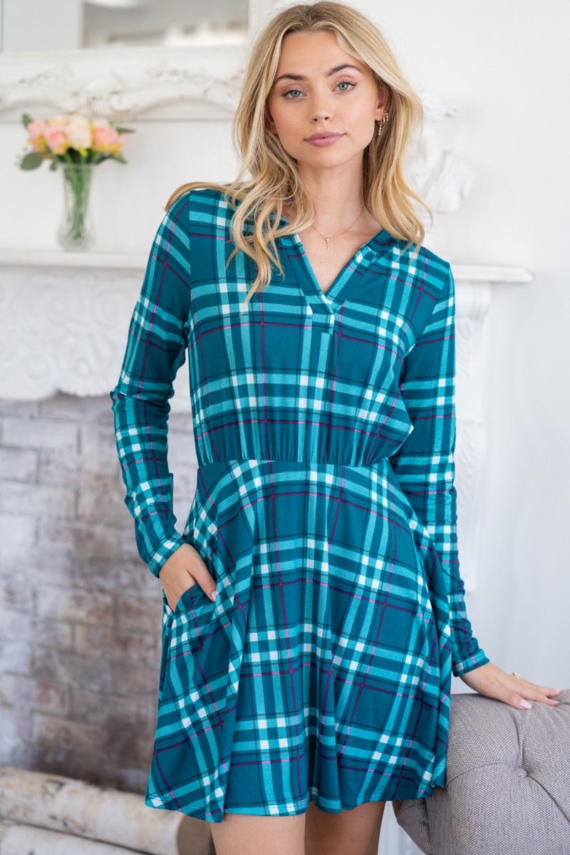 "Polly" Long Sleeve Split Neck Dress with Pockets-Lola Monroe Boutique