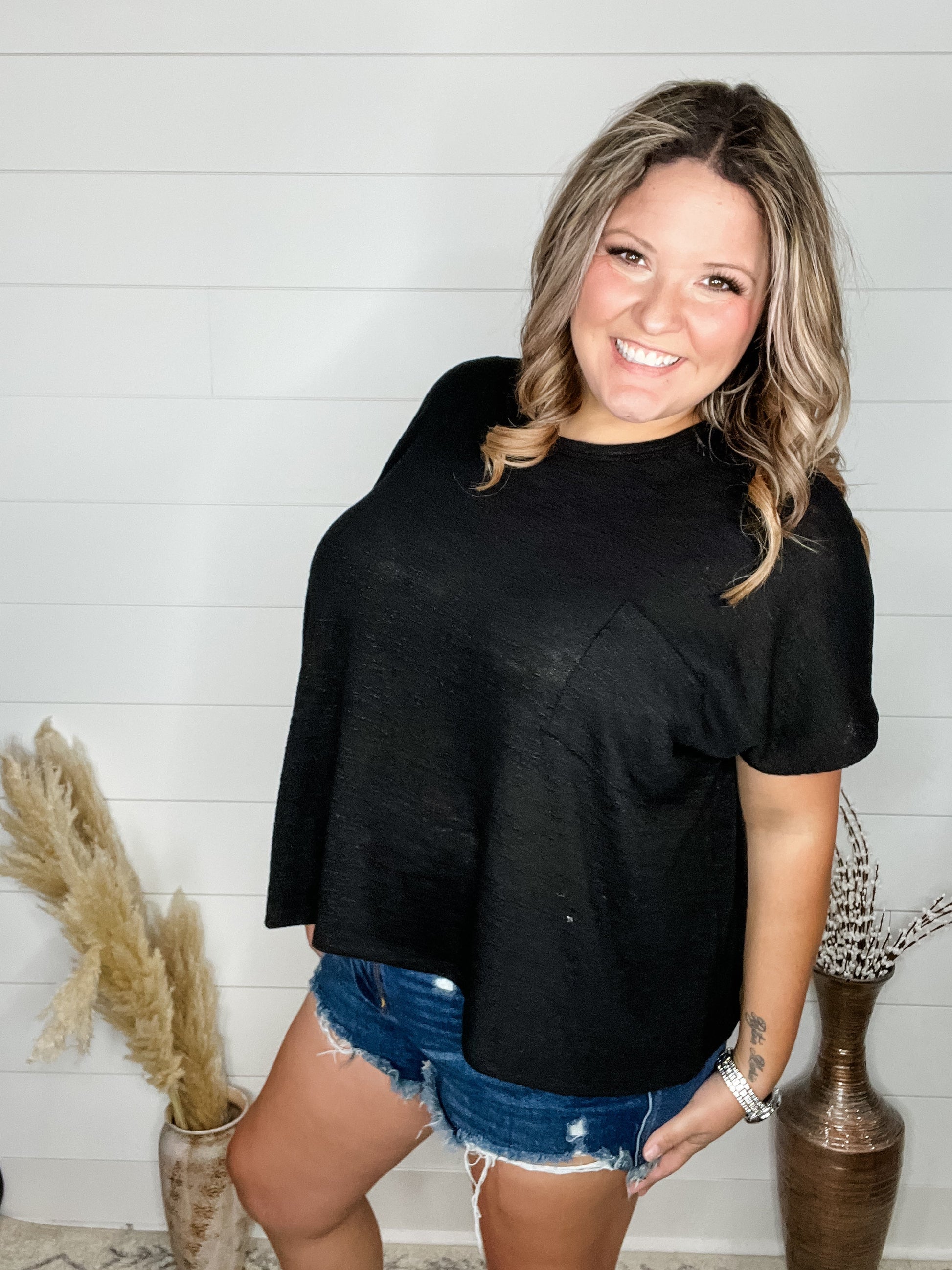 "Ponder" Oversized Hacci Tee with Chest Pocket (Black)