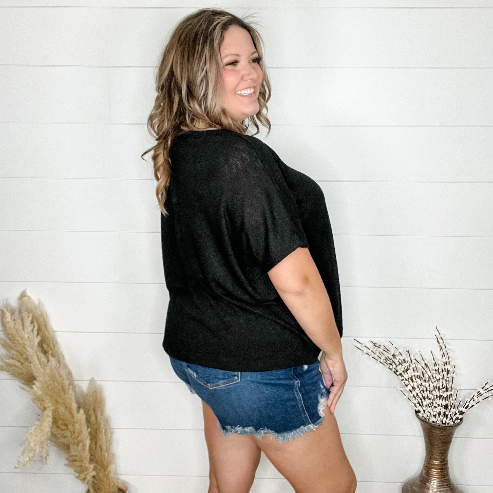 "Ponder" Oversized Hacci Tee with Chest Pocket (Black)