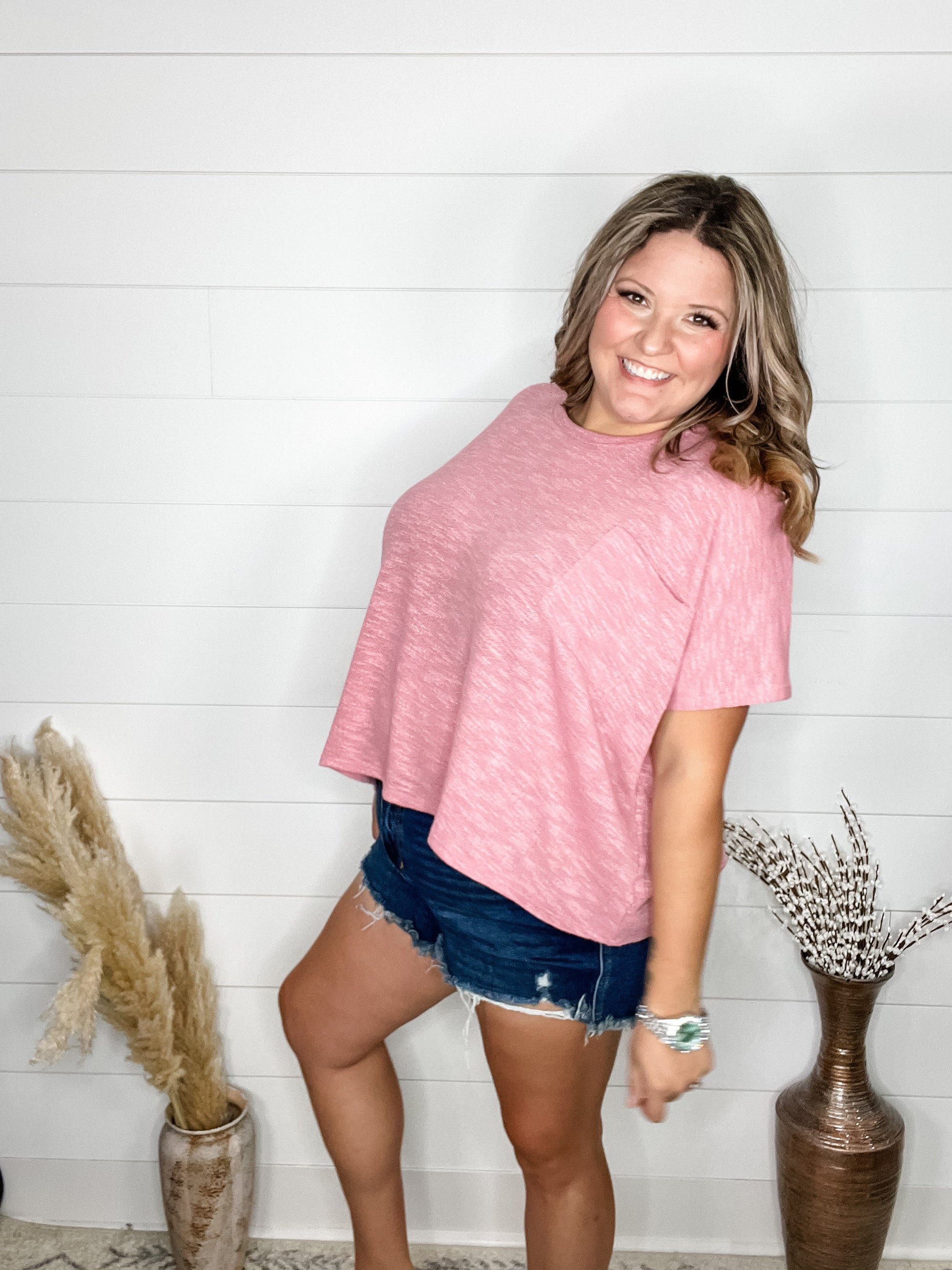 "Ponder" Oversized Hacci Tee with Chest Pocket (Light Rose)