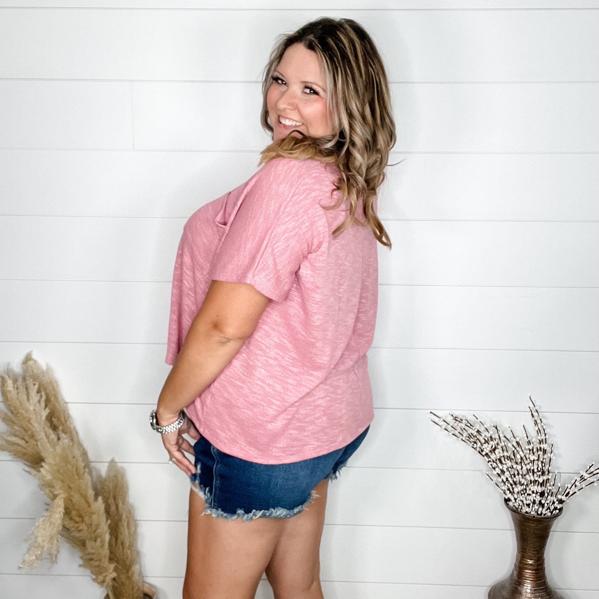 "Ponder" Oversized Hacci Tee with Chest Pocket (Light Rose)