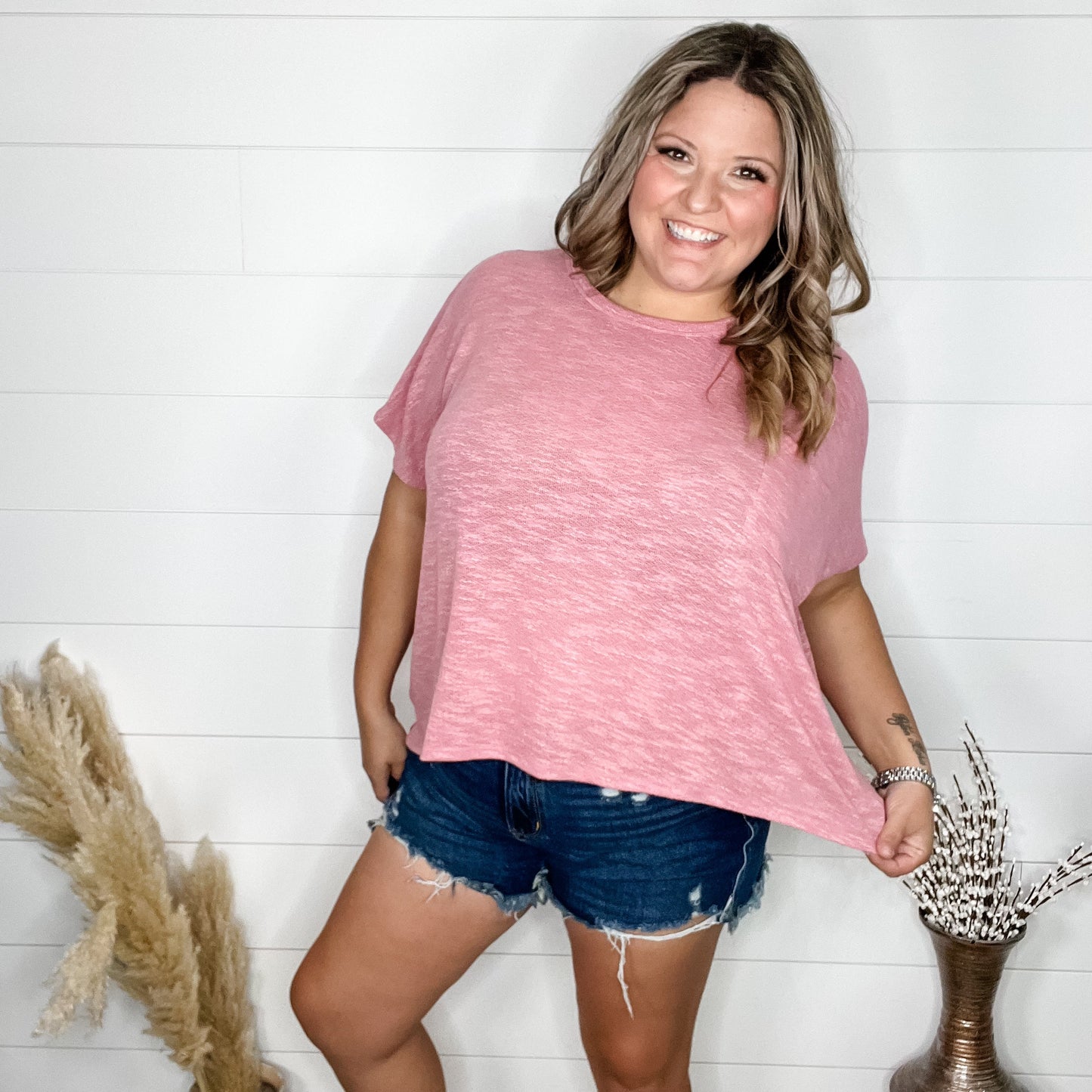 "Ponder" Oversized Hacci Tee with Chest Pocket (Light Rose)