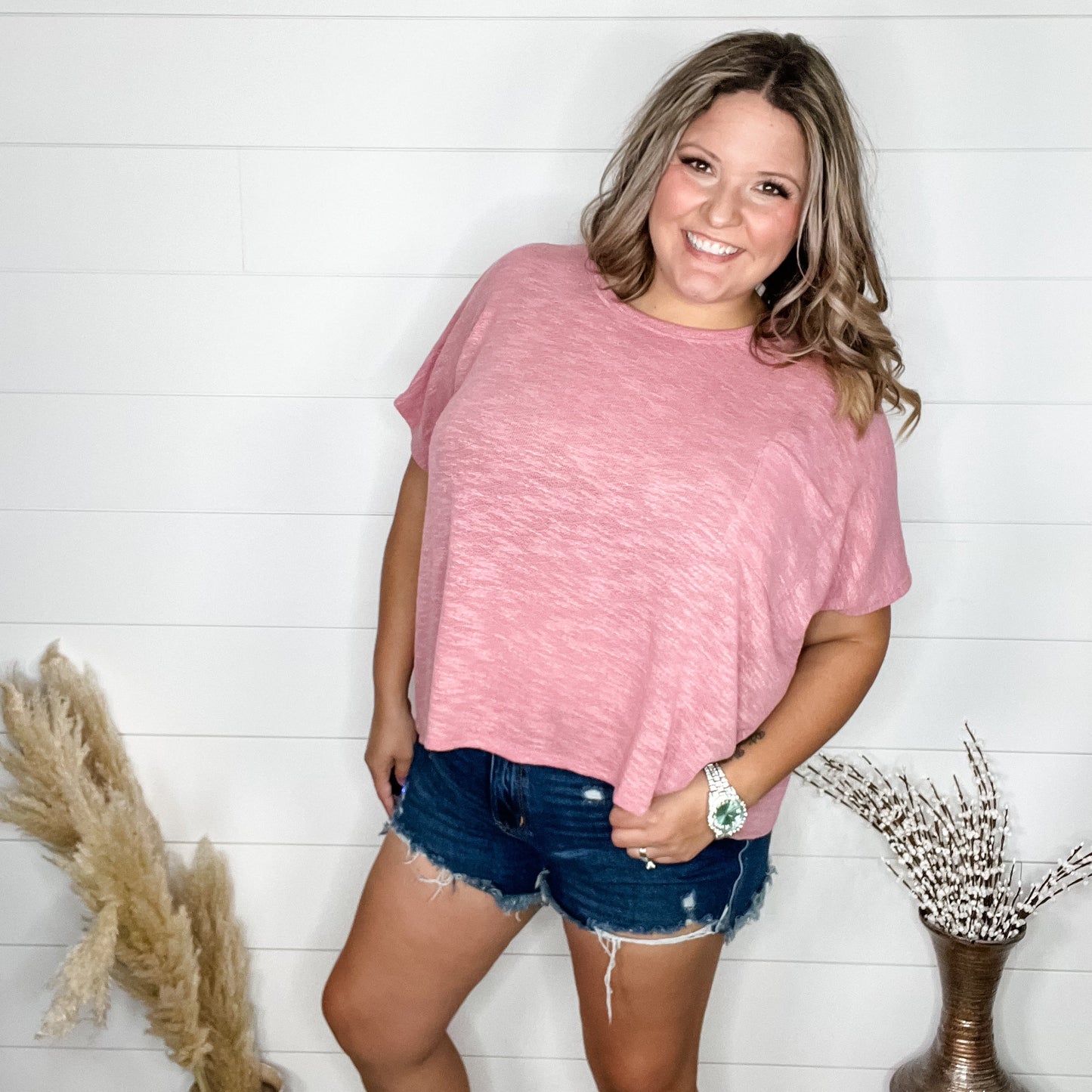 "Ponder" Oversized Hacci Tee with Chest Pocket (Light Rose)