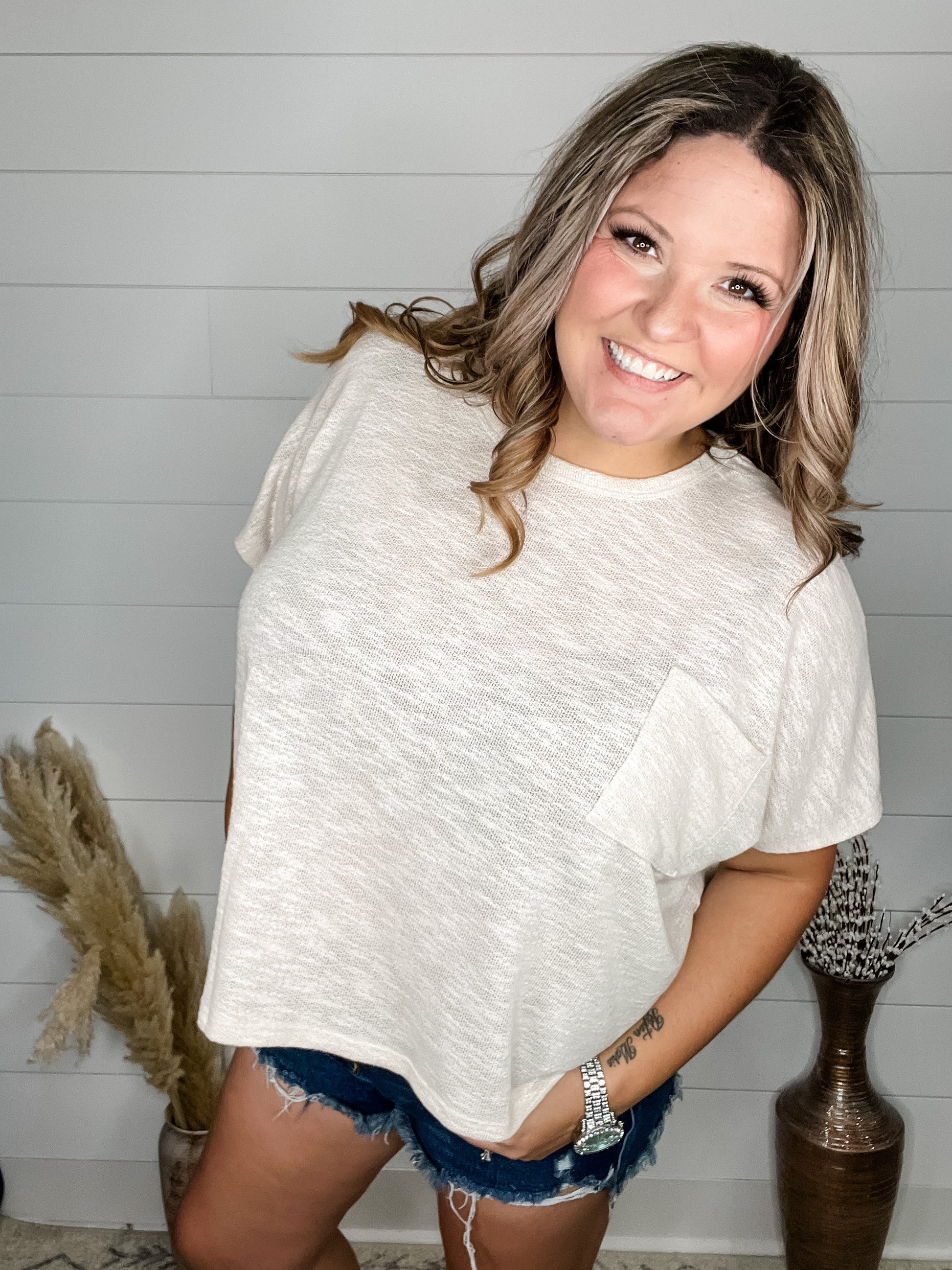 "Ponder" Oversized Hacci Tee with Chest Pocket (Ponder