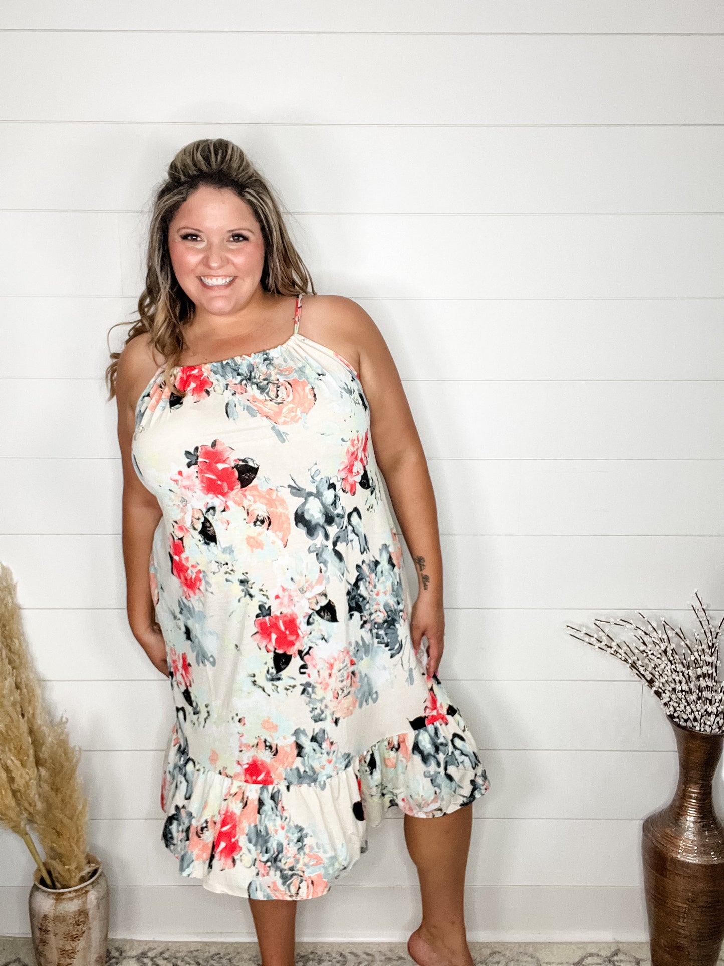 "Priority" Floral Halter Dress
