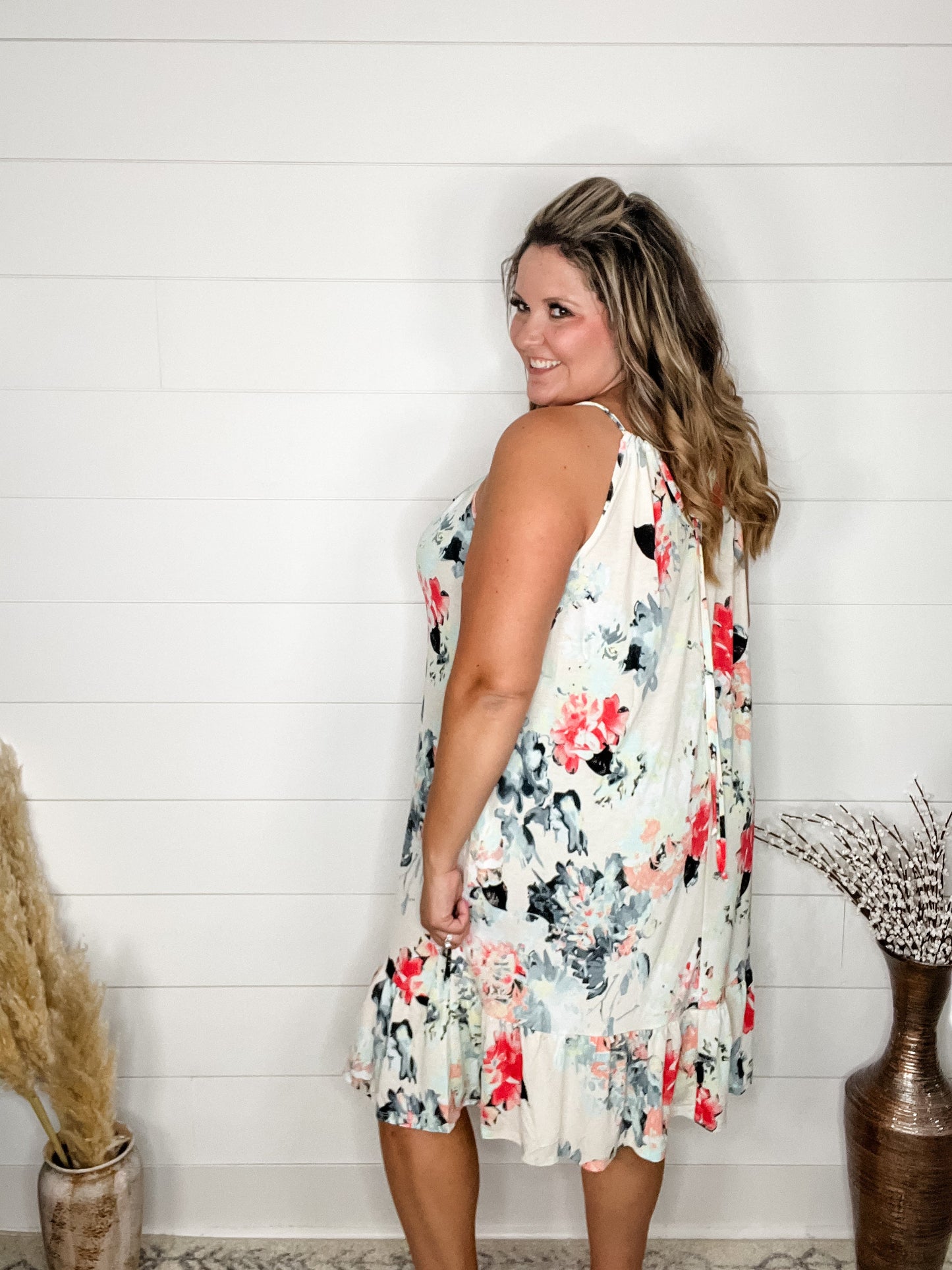 "Priority" Floral Halter Dress