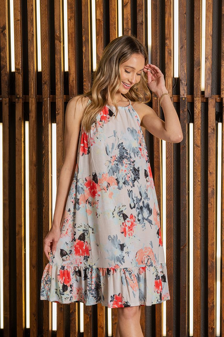 "Priority" Floral Halter Dress