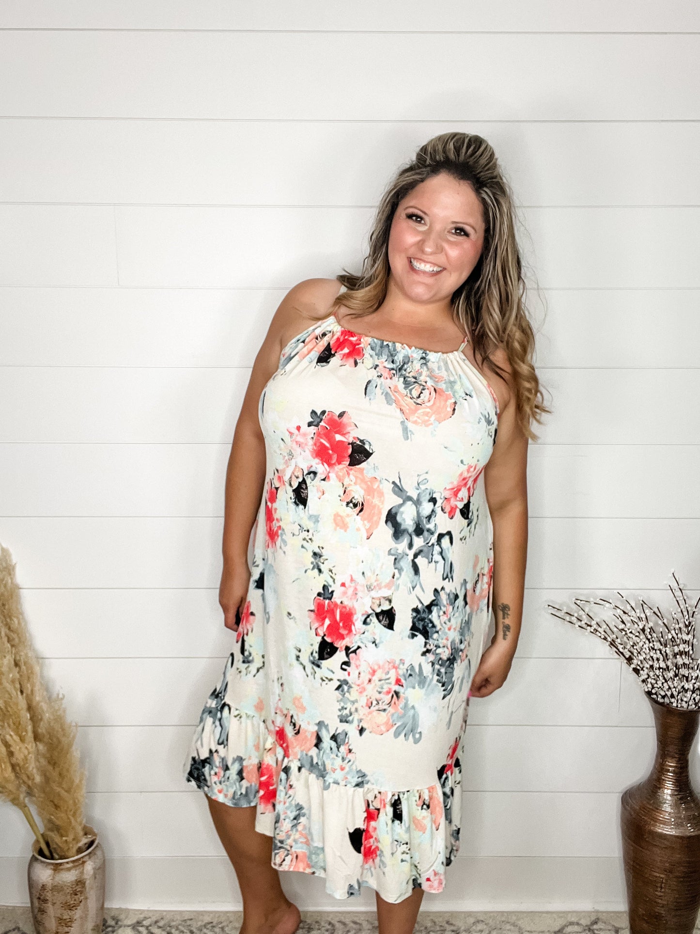 "Priority" Floral Halter Dress