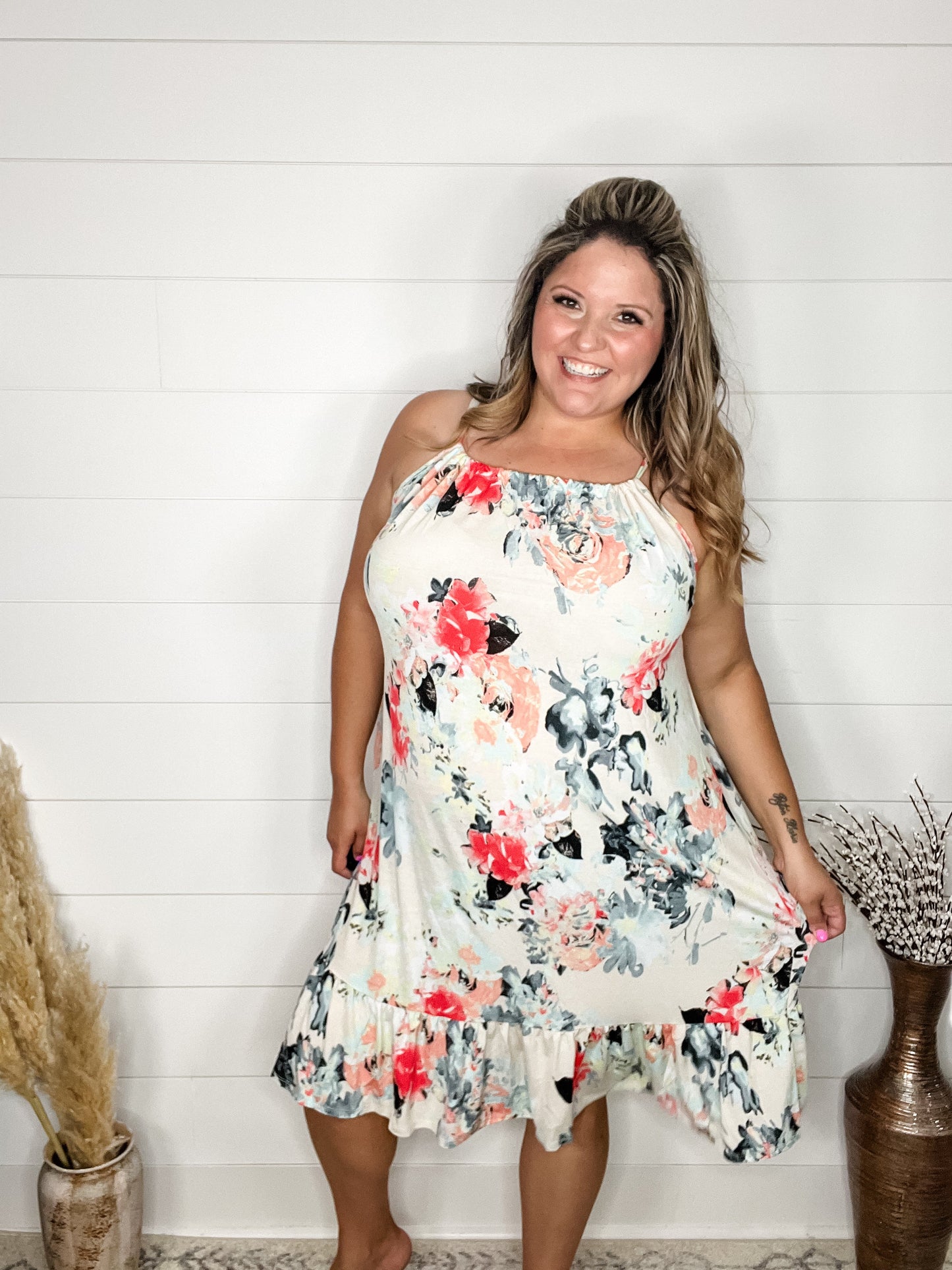 "Priority" Floral Halter Dress