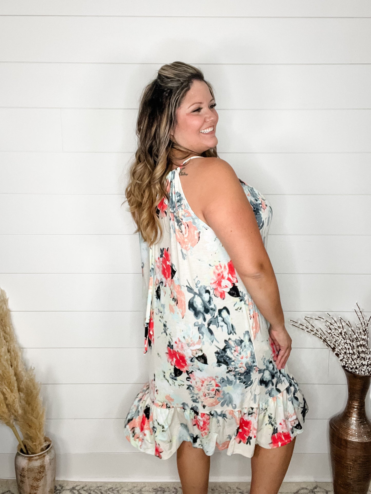 "Priority" Floral Halter Dress
