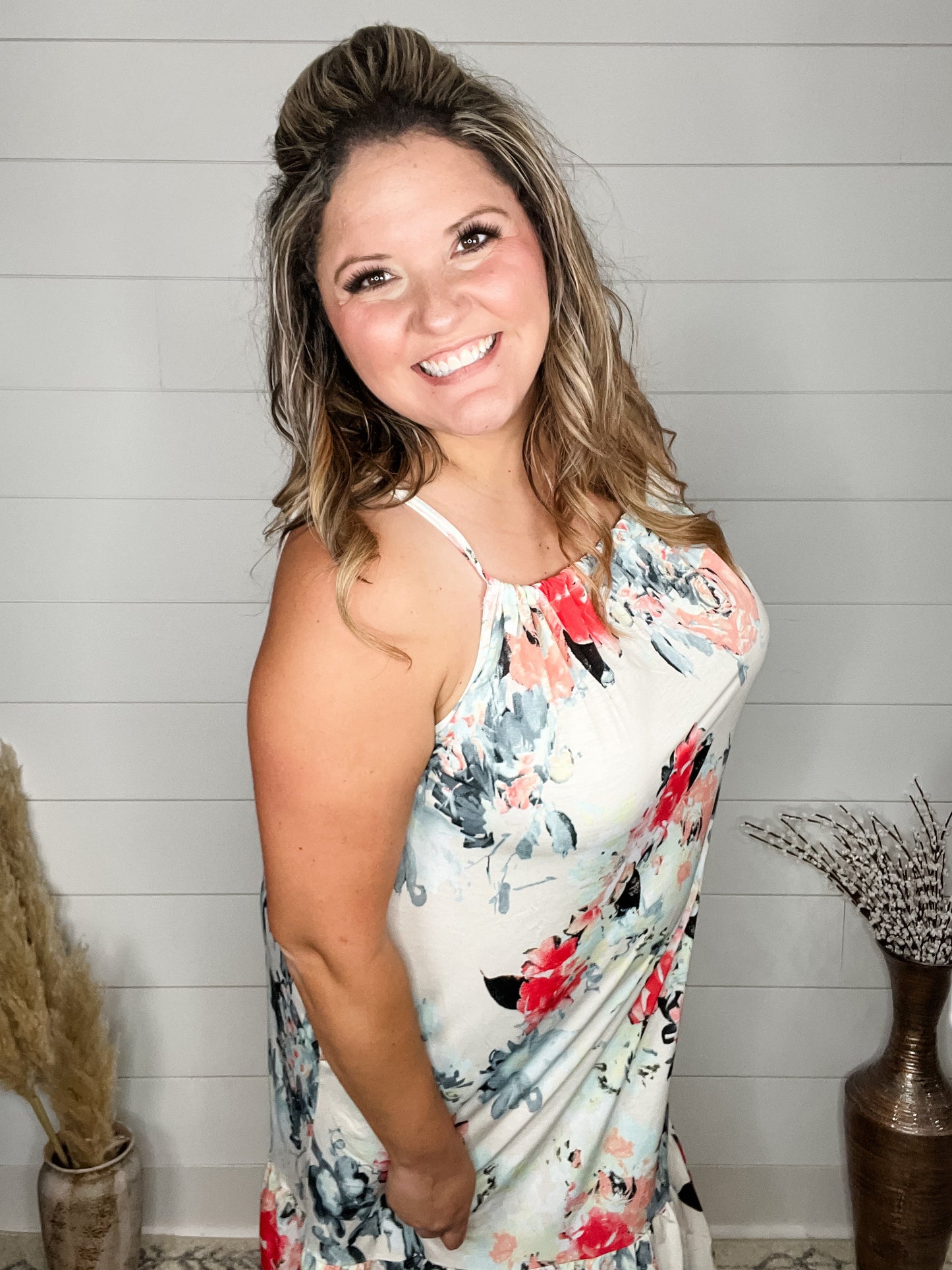 "Priority" Floral Halter Dress