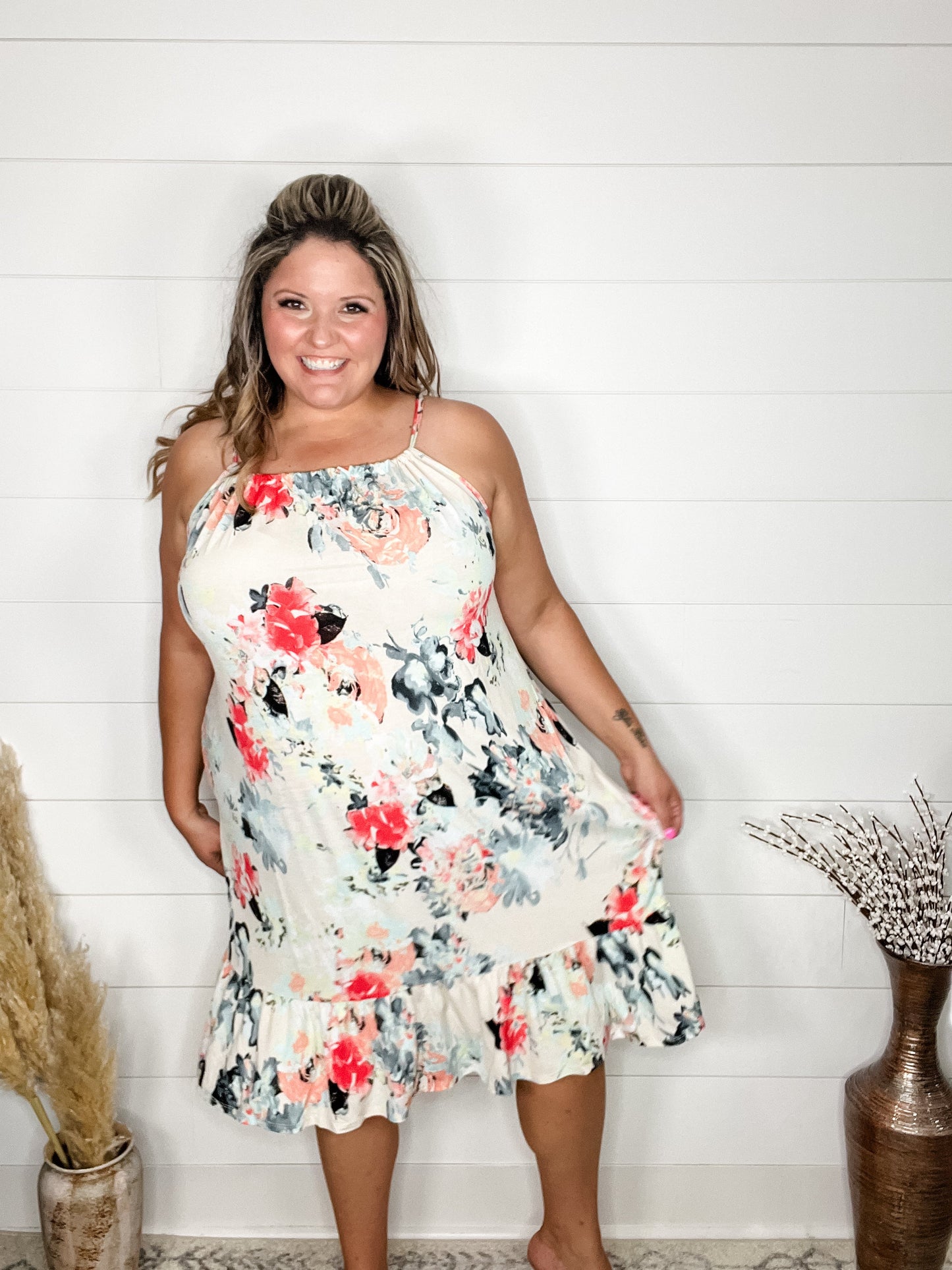 "Priority" Floral Halter Dress