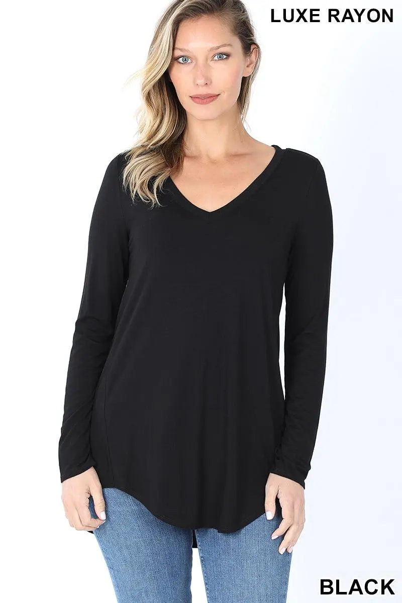 "Rebecca" Long Sleeve V-neck Top (Black)