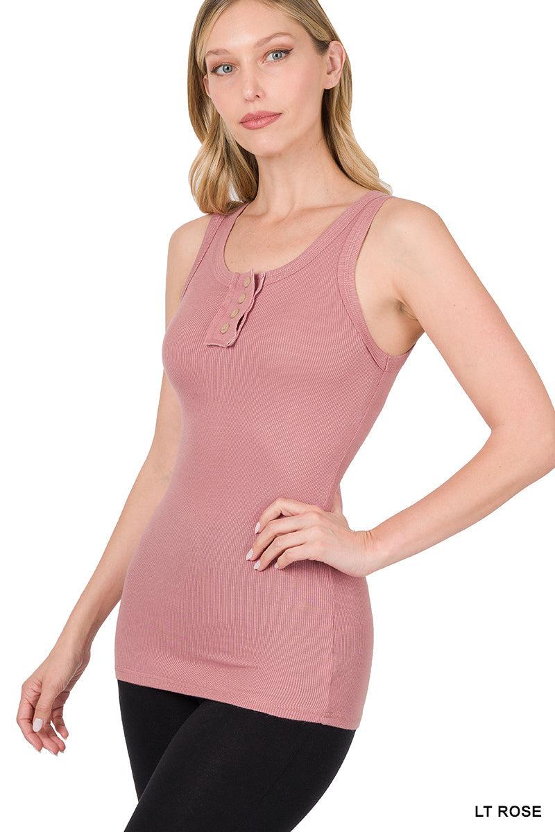 Ribbed Tank Top with Faux Front Buttons (Multiple Colors)