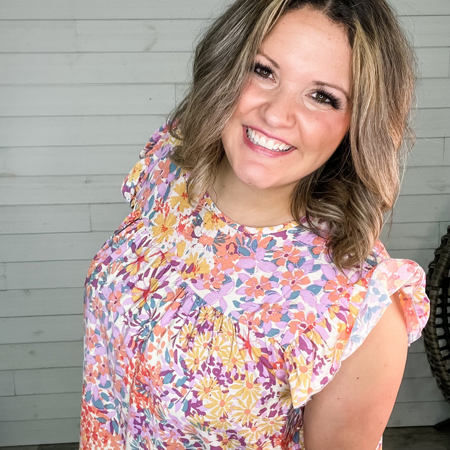 "Right At Home" Floral Ruffle Cap Sleeve Tunic/Dress with Pockets