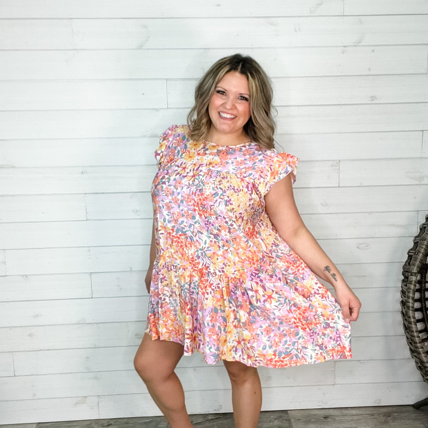 "Right At Home" Floral Ruffle Cap Sleeve Tunic/Dress with Pockets