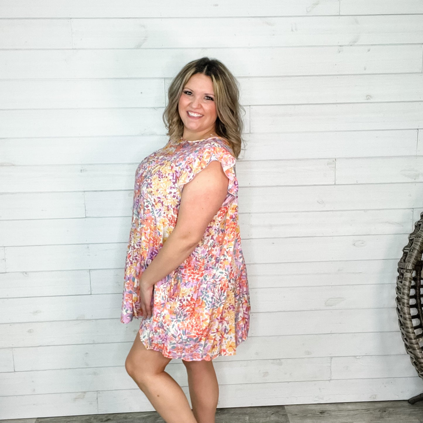 "Right At Home" Floral Ruffle Cap Sleeve Tunic/Dress with Pockets