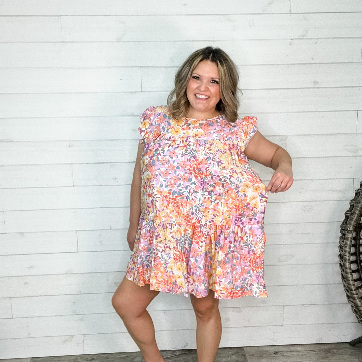 "Right At Home" Floral Ruffle Cap Sleeve Tunic/Dress with Pockets