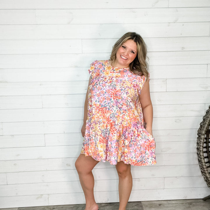 "Right At Home" Floral Ruffle Cap Sleeve Tunic/Dress with Pockets