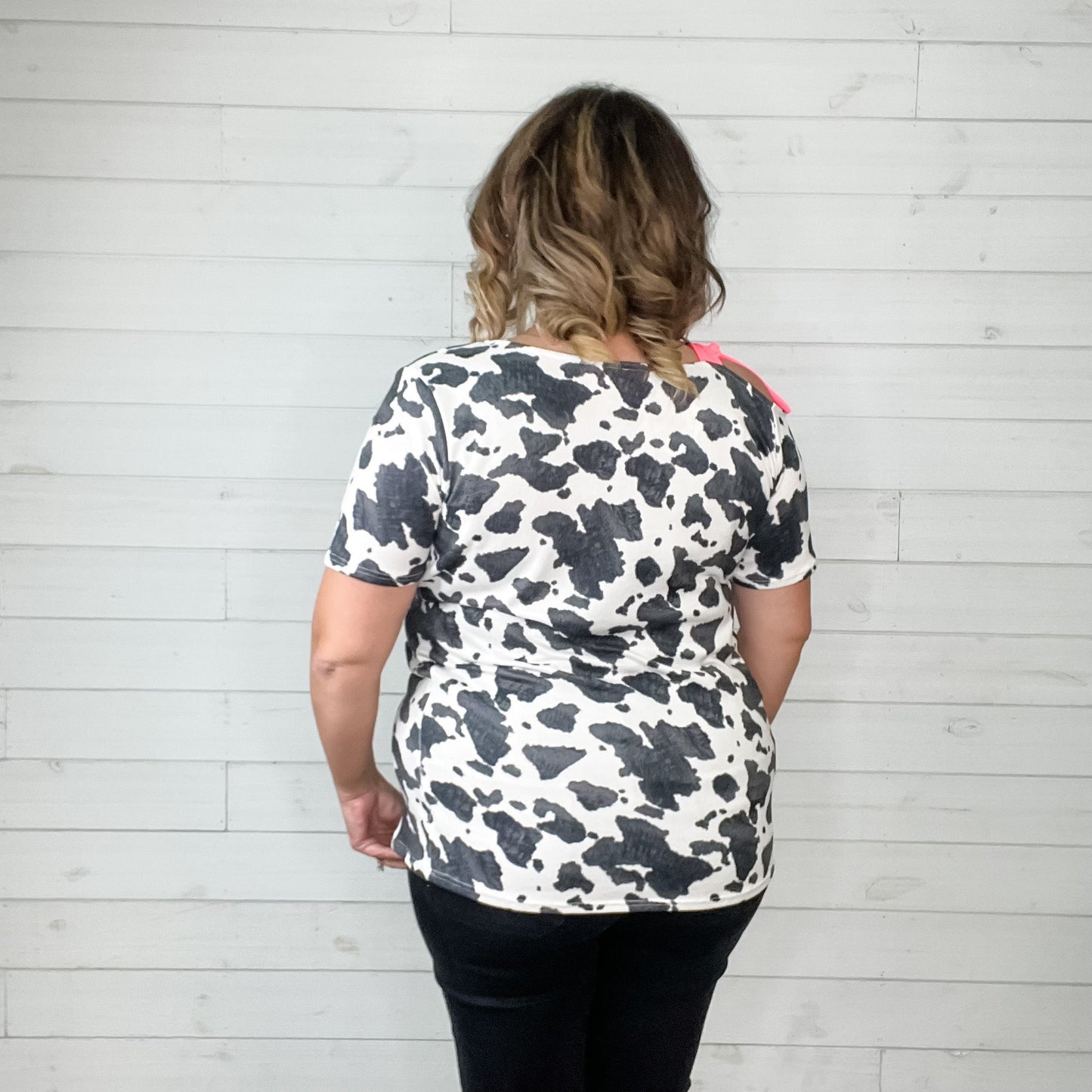 "Roaming" Short Sleeve Cow Print with Pink Bow