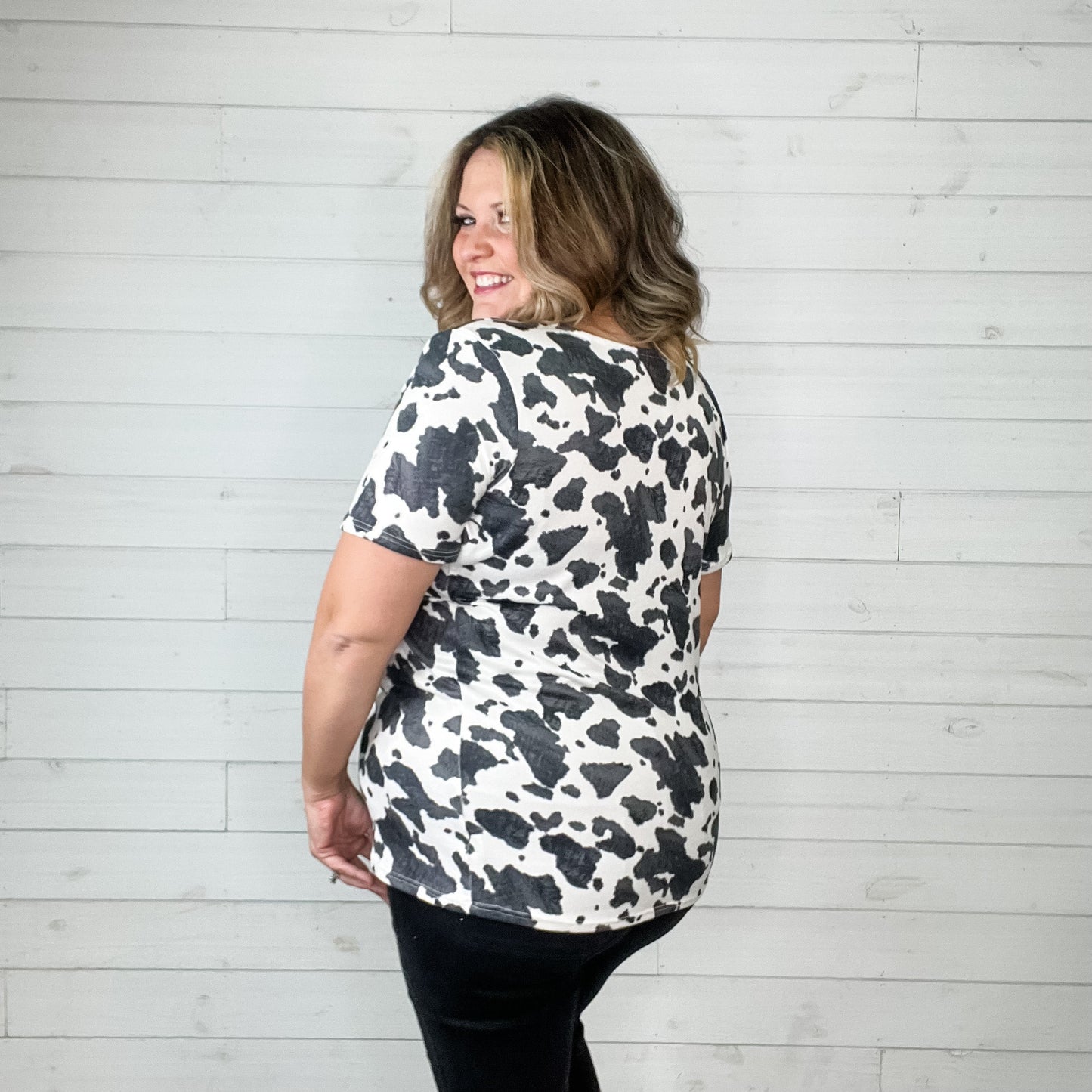 "Roaming" Short Sleeve Cow Print with Pink Bow