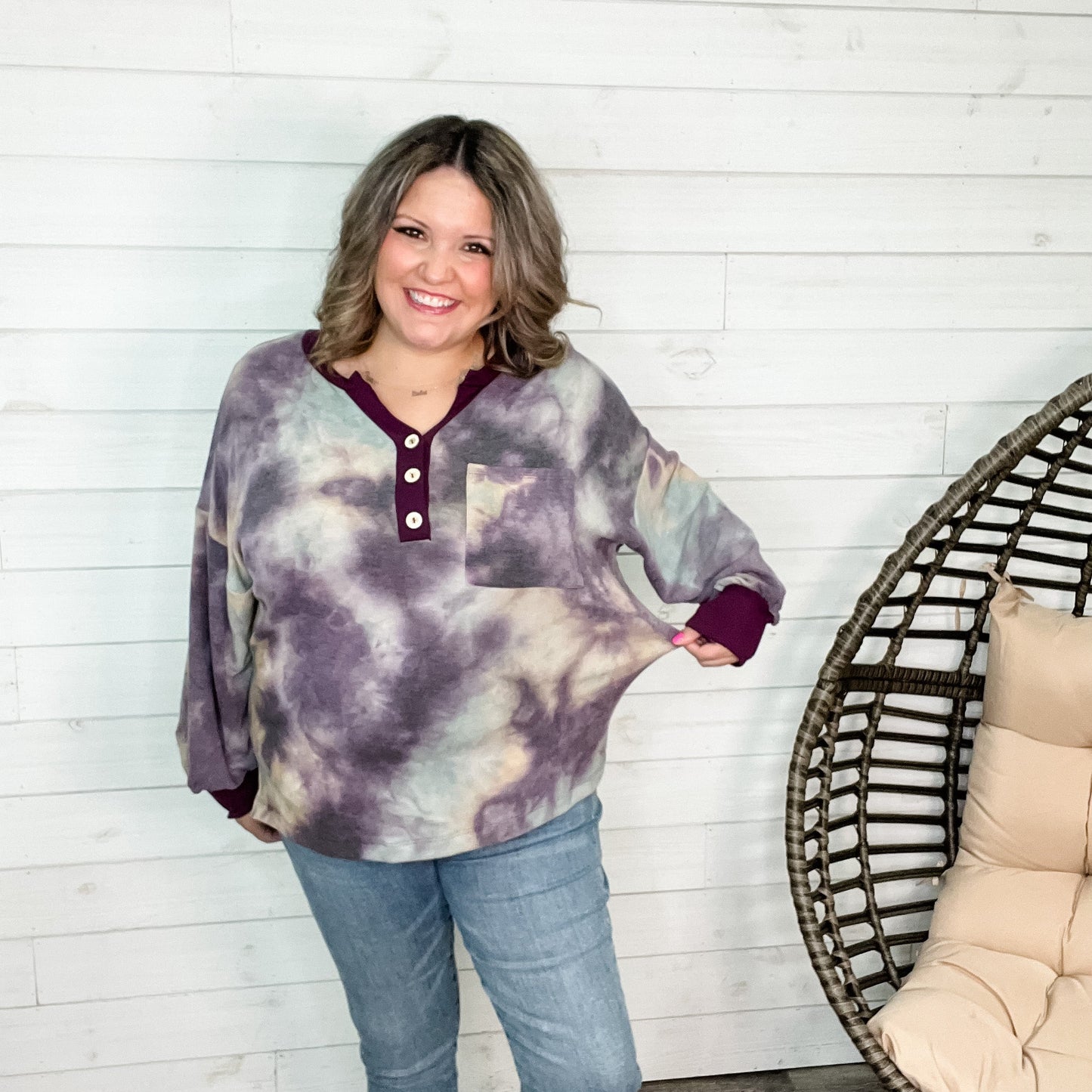 "Rochell" Long Sleeve Faux Button Tie Dye