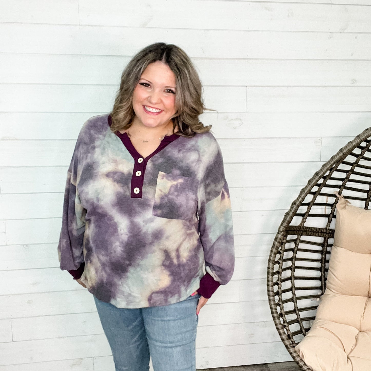 "Rochell" Long Sleeve Faux Button Tie Dye