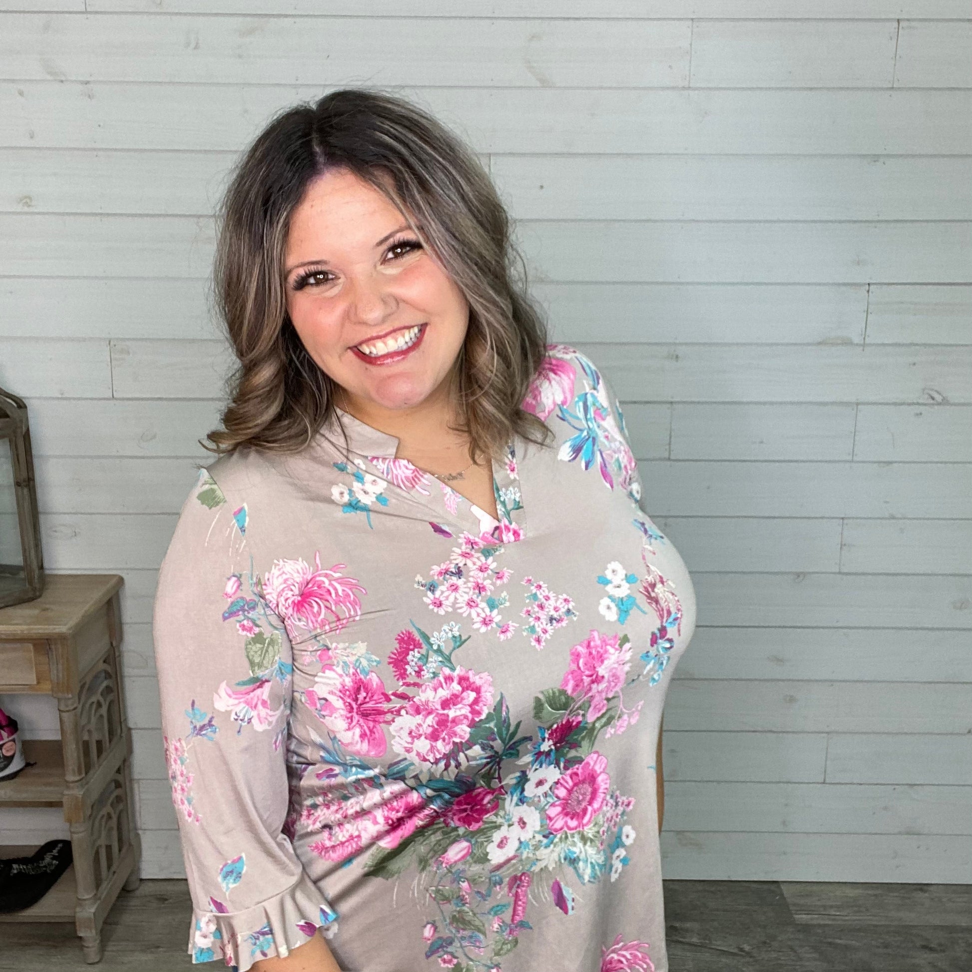 "Rochelle" Floral Split Neck 3/4 Sleeve Ruffle Cuff