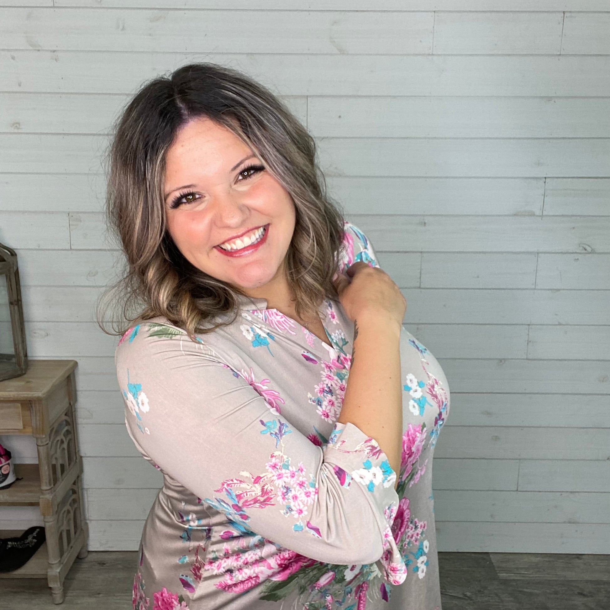 "Rochelle" Floral Split Neck 3/4 Sleeve Ruffle Cuff