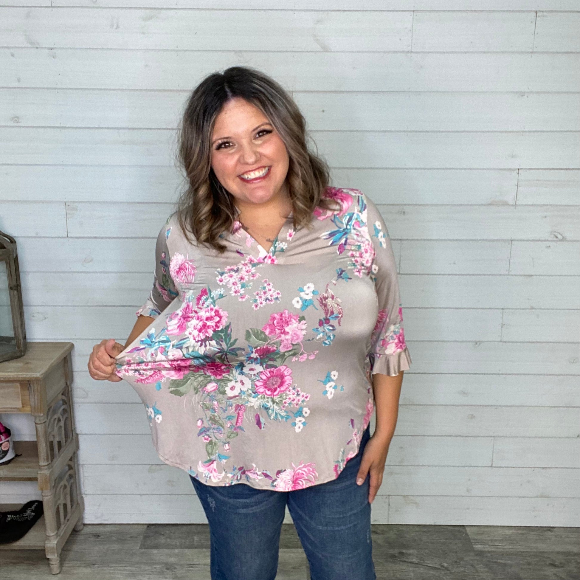 "Rochelle" Floral Split Neck 3/4 Sleeve Ruffle Cuff