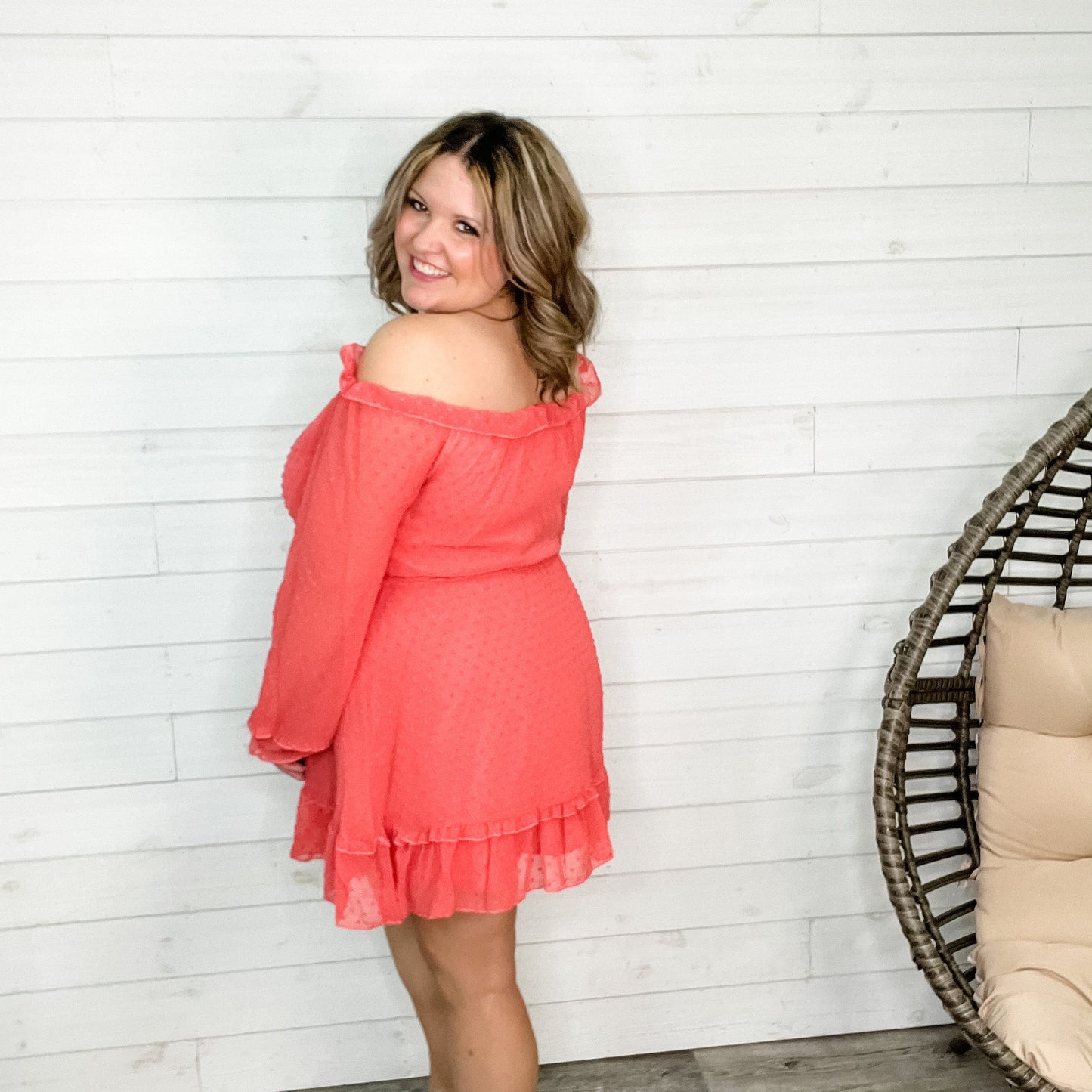 "Romantic" Long Sleeve Off the Shoulder Ruffle Dress (Coral)