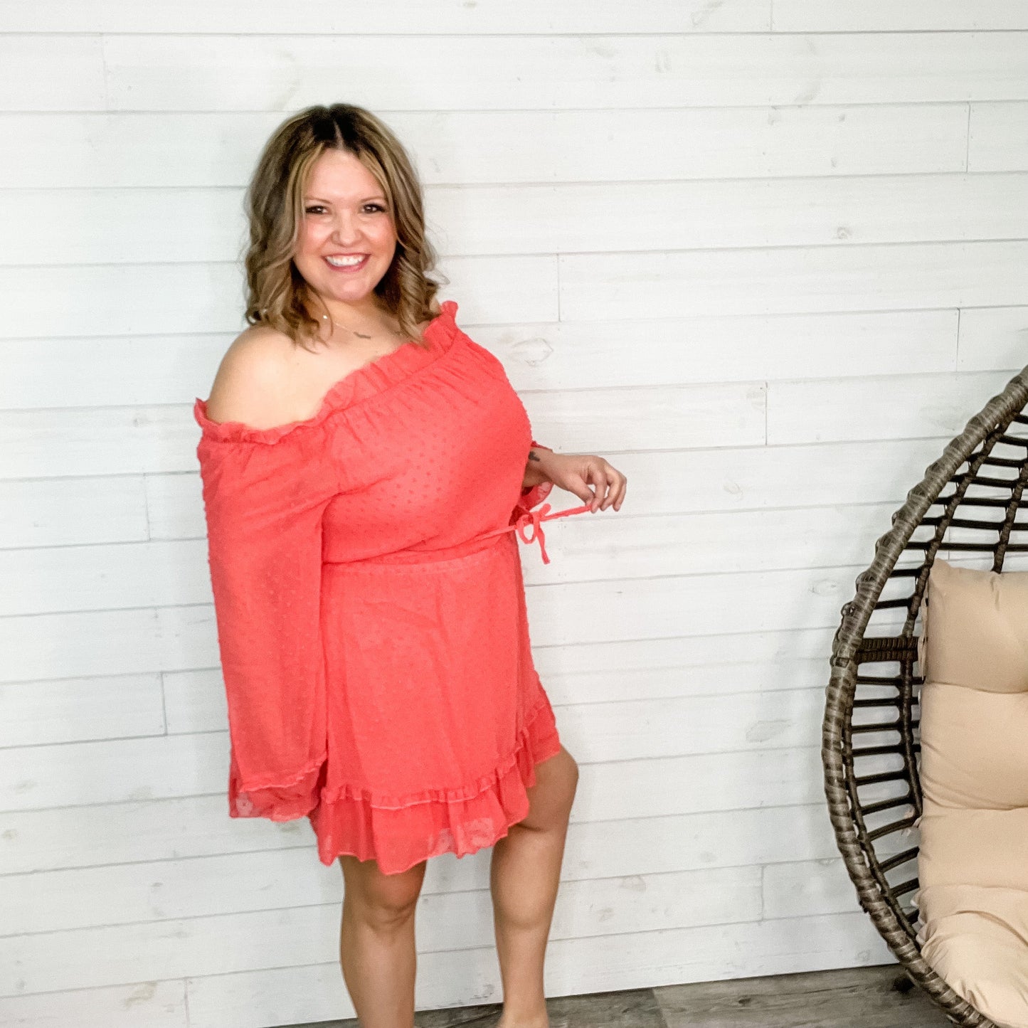 "Romantic" Long Sleeve Off the Shoulder Ruffle Dress (Coral)
