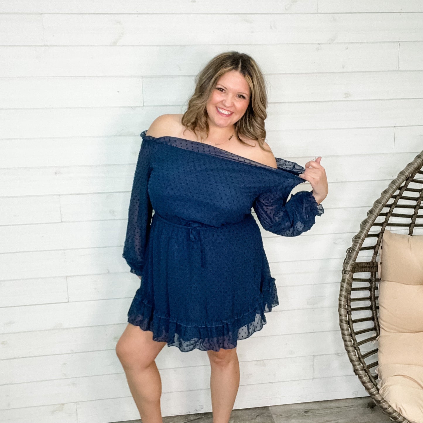 "Romantic" Long Sleeve Off the Shoulder Ruffle Dress (Navy)
