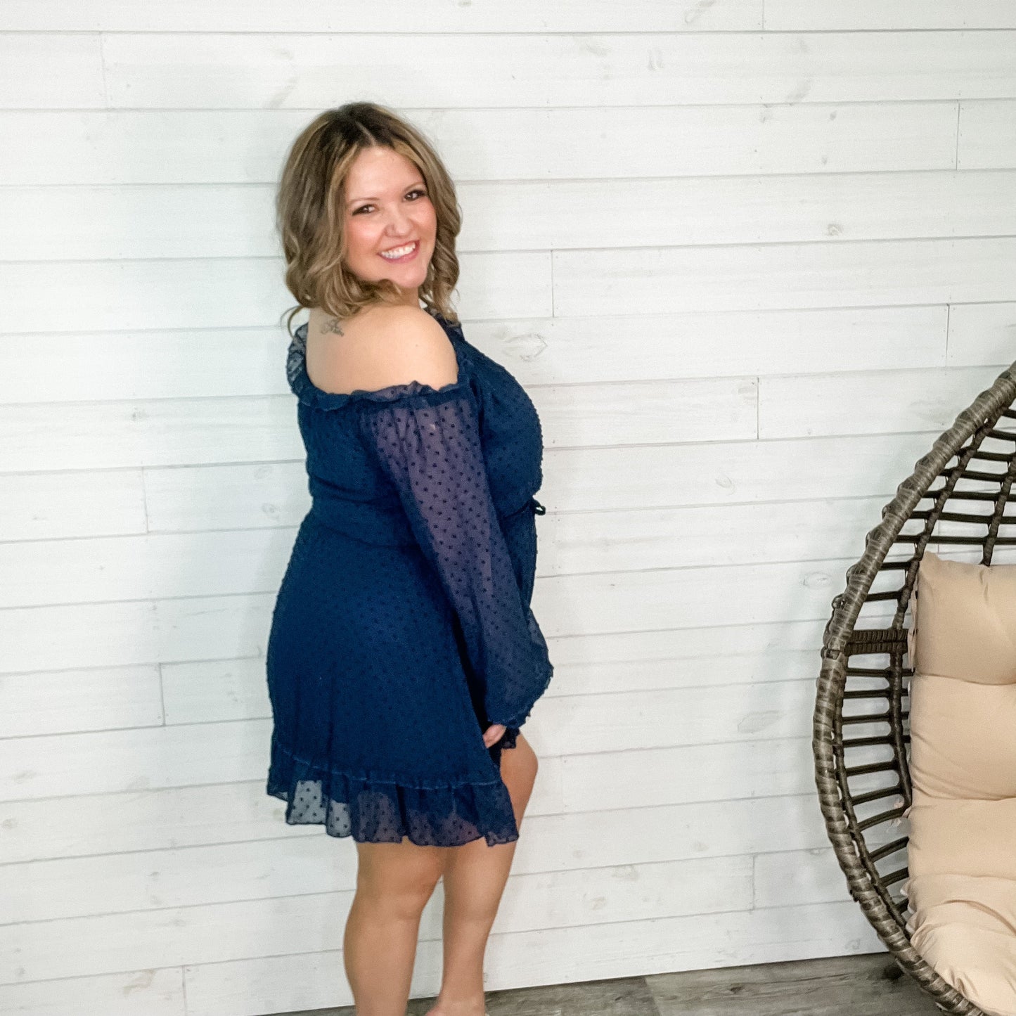 "Romantic" Long Sleeve Off the Shoulder Ruffle Dress (Navy)