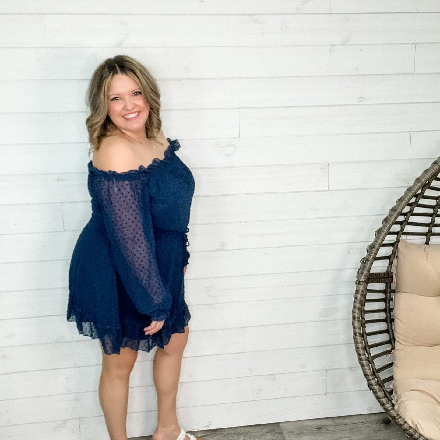 "Romantic" Long Sleeve Off the Shoulder Ruffle Dress (Navy)