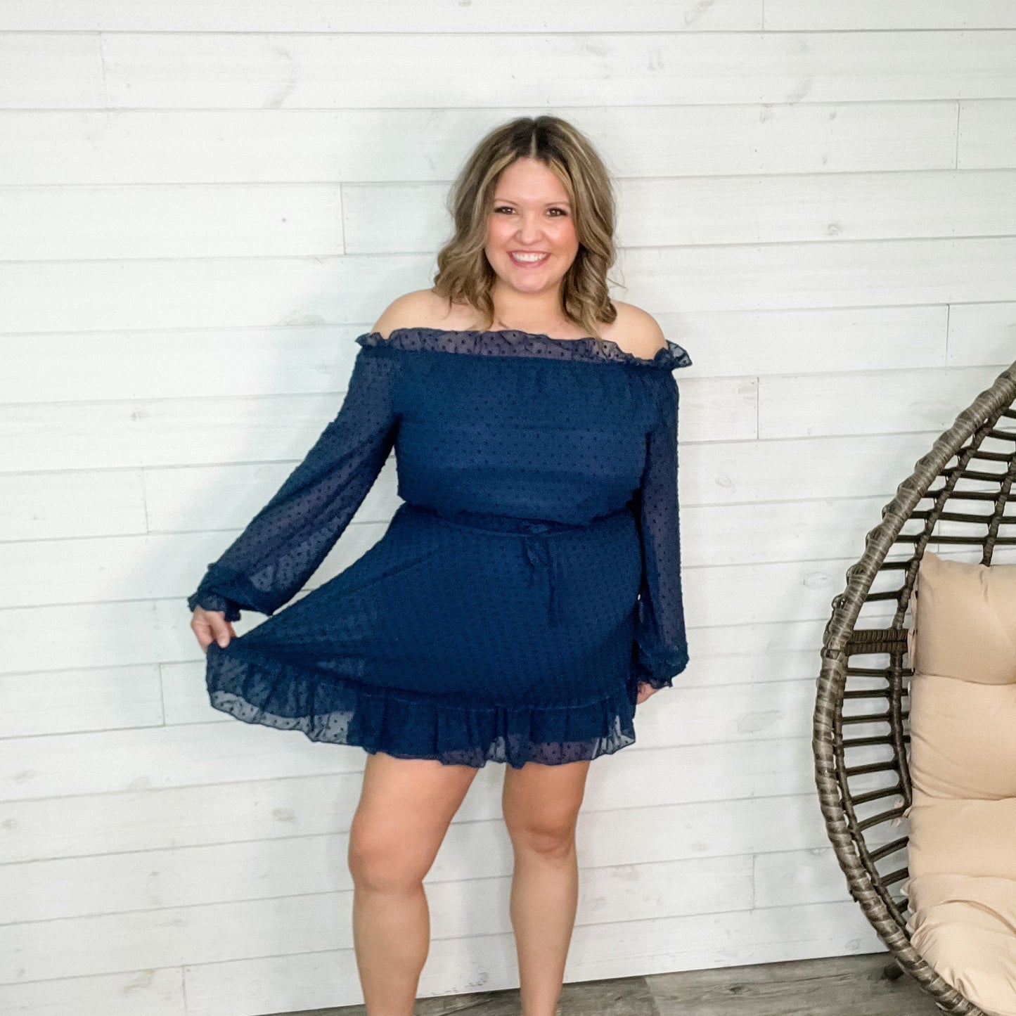 "Romantic" Long Sleeve Off the Shoulder Ruffle Dress (Navy)
