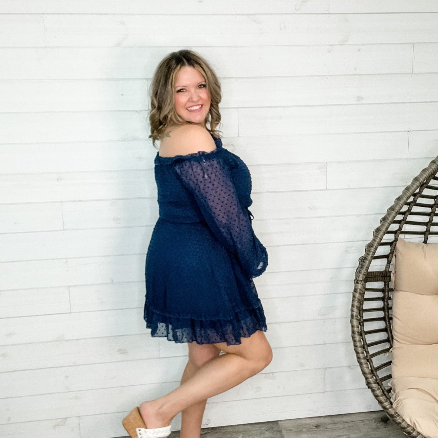 "Romantic" Long Sleeve Off the Shoulder Ruffle Dress (Navy)