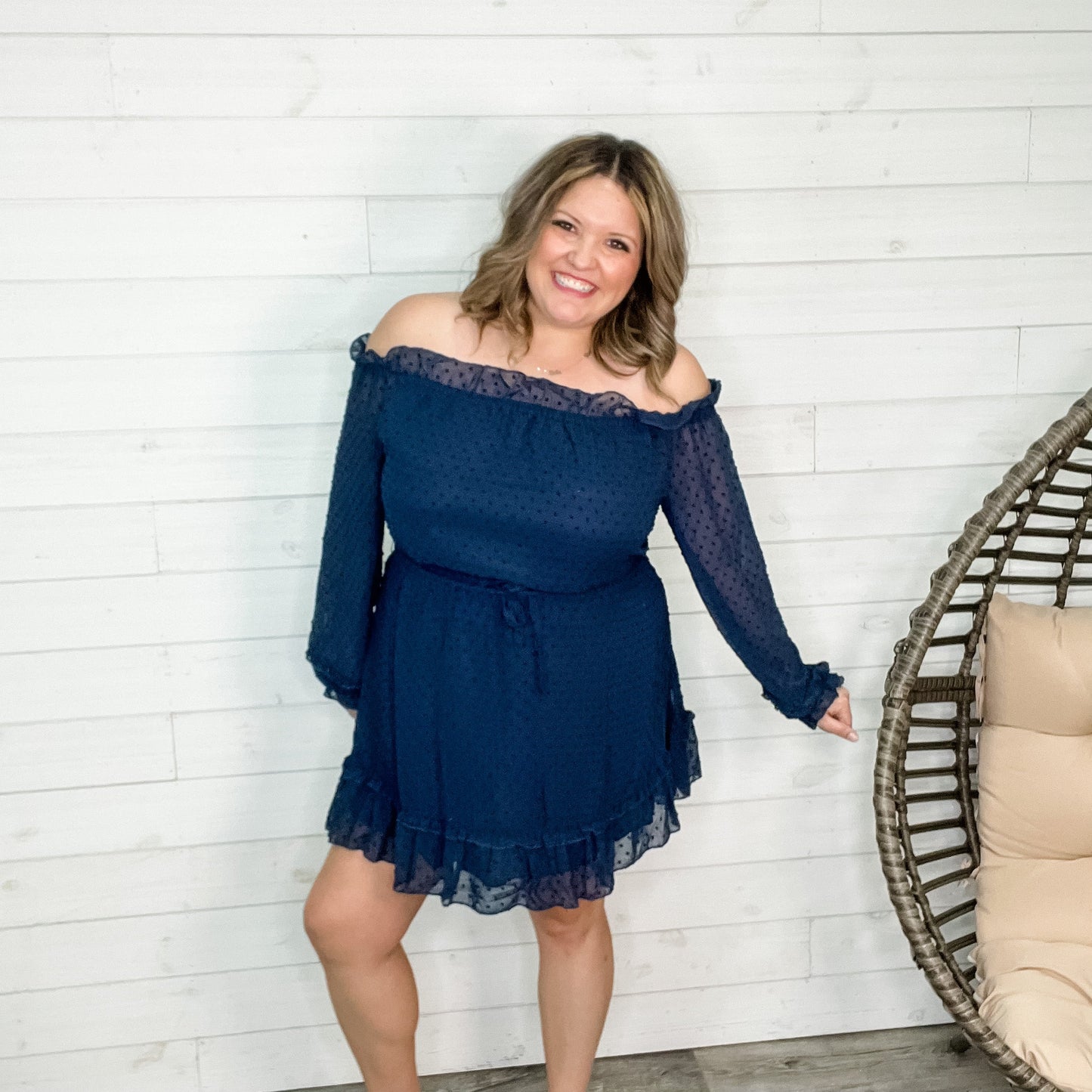 "Romantic" Long Sleeve Off the Shoulder Ruffle Dress (Navy)