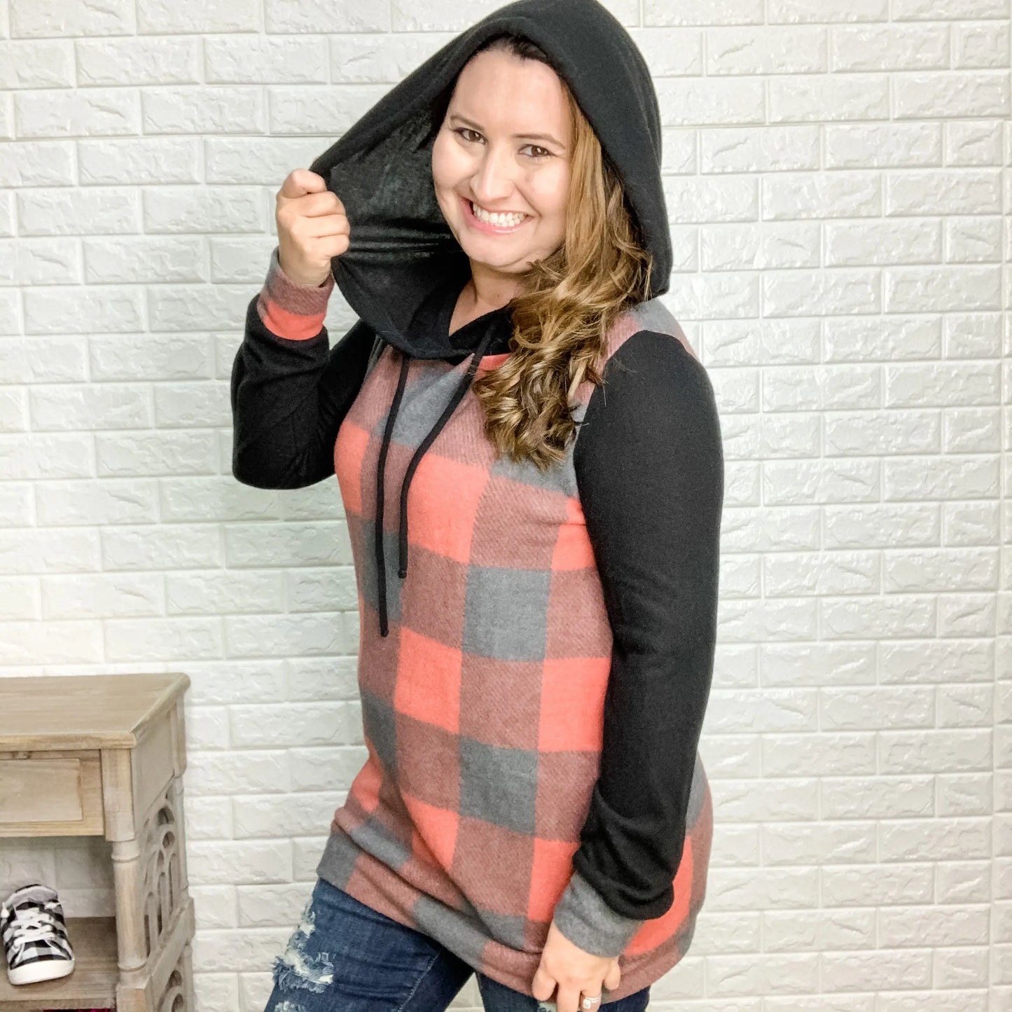 "Rosemary" Buffalo Plaid Hoodie (Solid Sleeve & Hood)