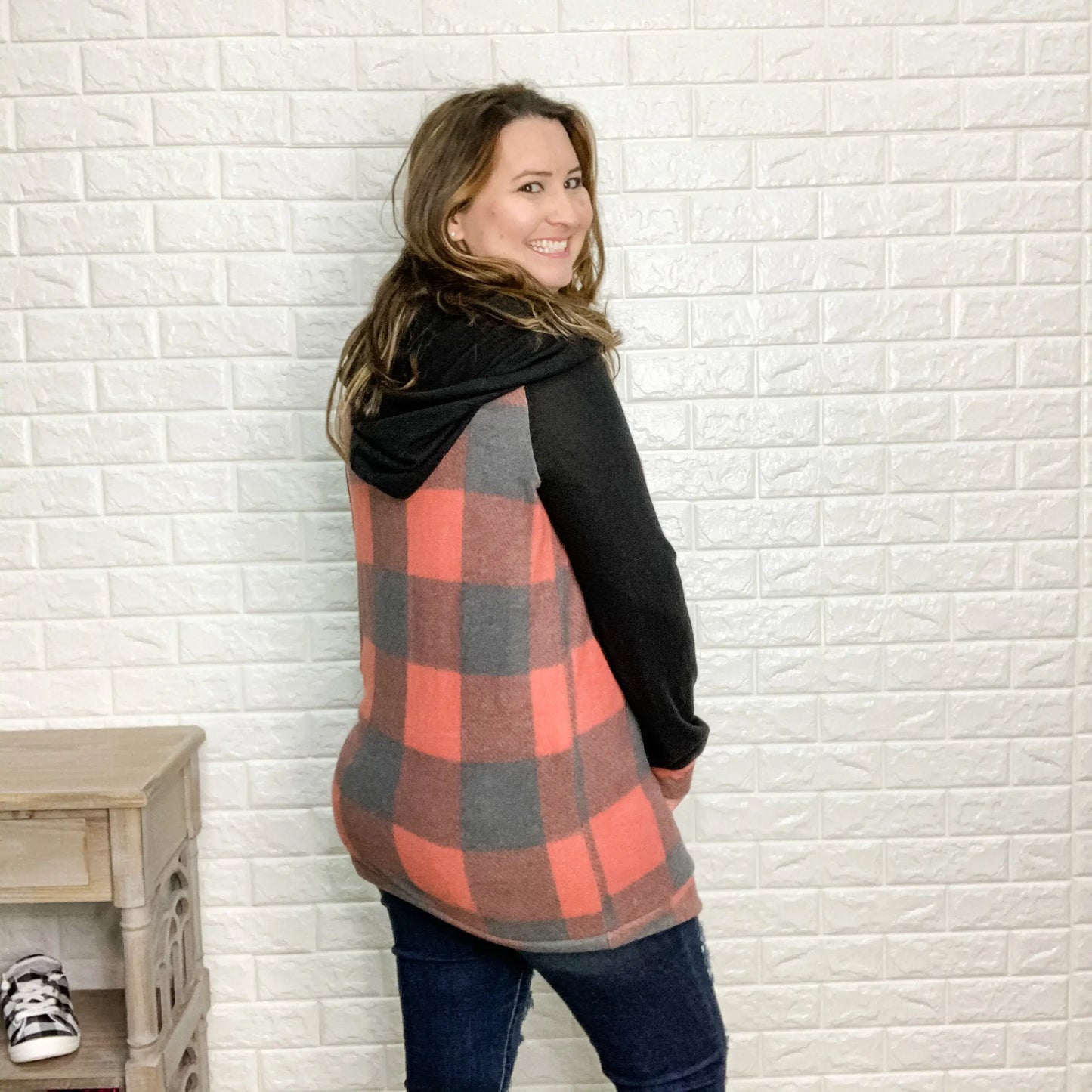 "Rosemary" Buffalo Plaid Hoodie (Solid Sleeve & Hood)