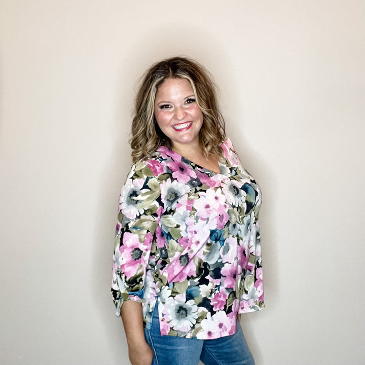 "Roundabout Way" Floral V Neck 3/4 Sleeve