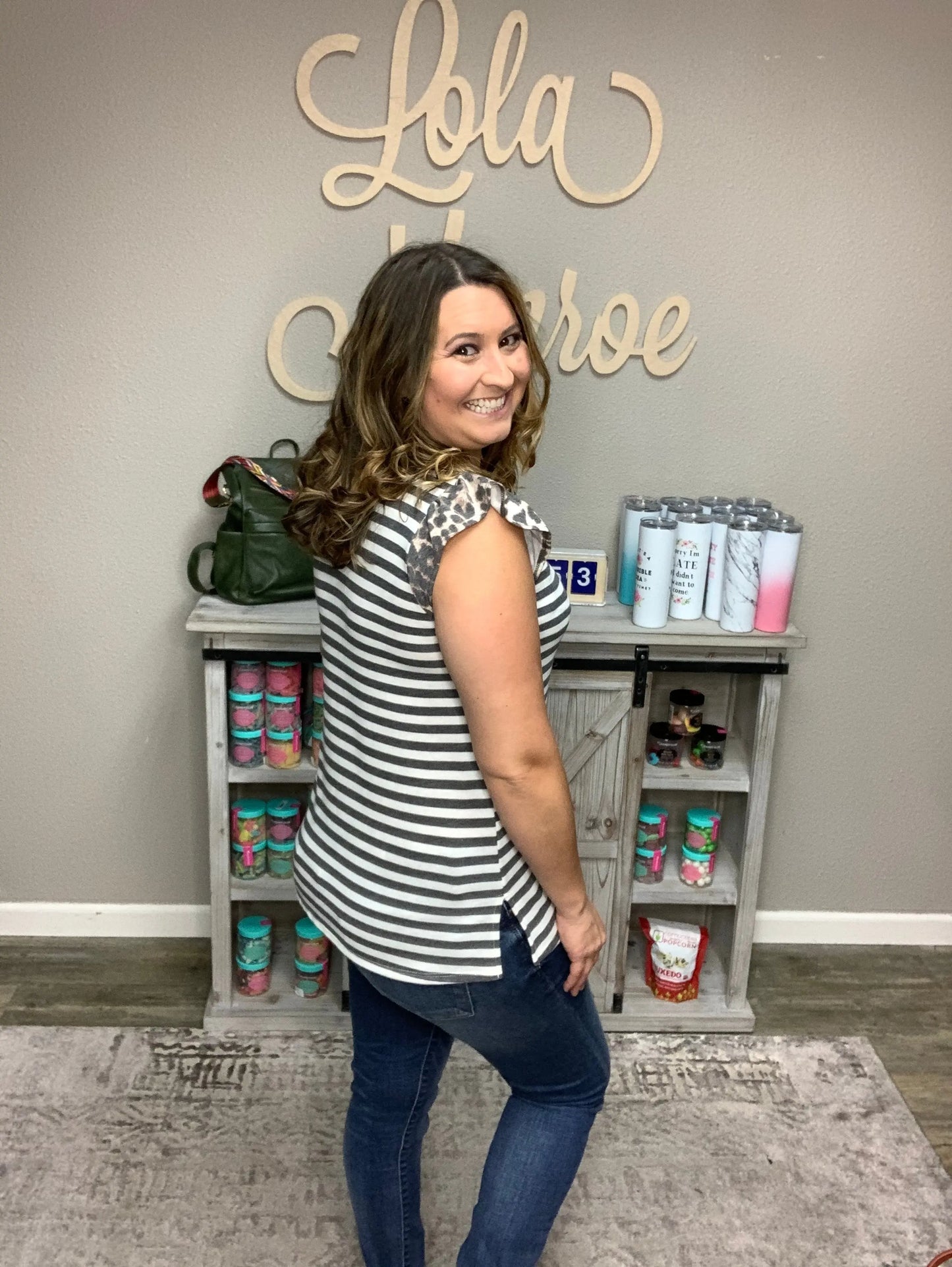 Ruffled Shoulder Stripe Tank with Animal Accent