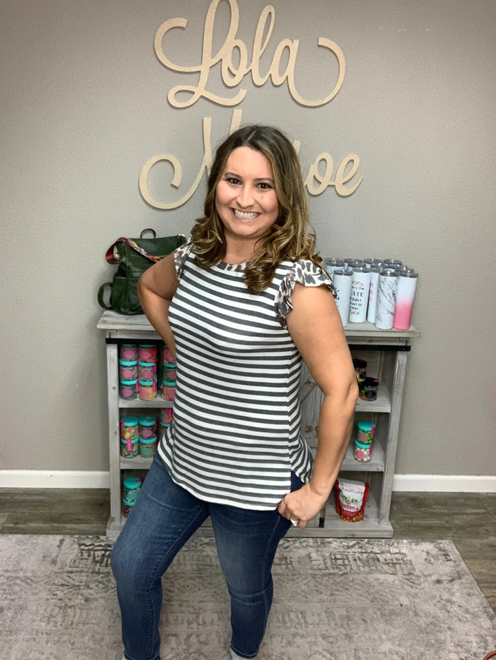 Ruffled Shoulder Stripe Tank with Animal Accent